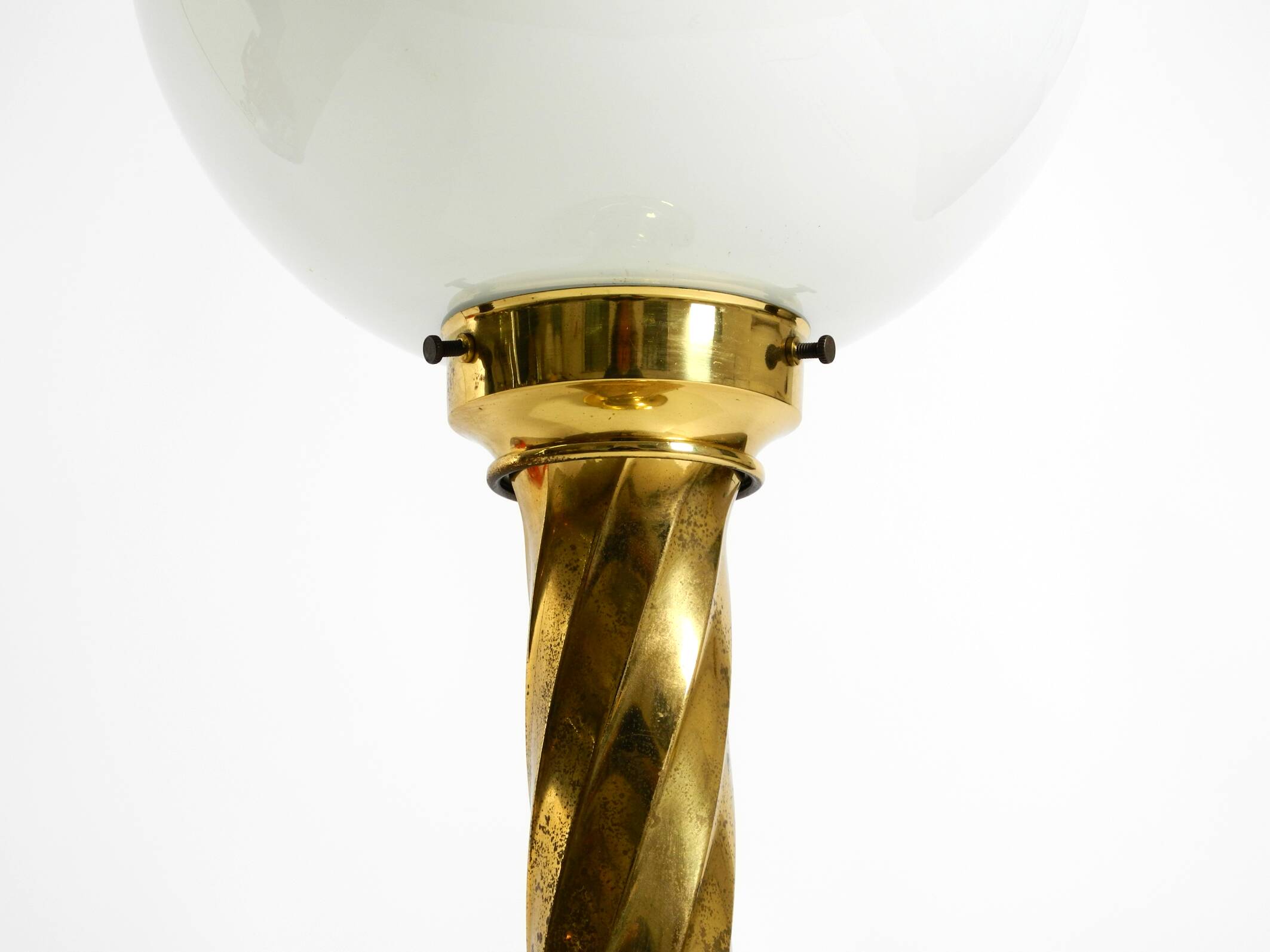 Large 1960s brass column-style table lamp with frosted glass globe