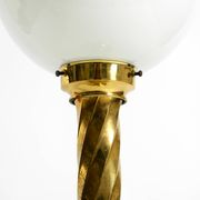 Large 1960s brass column-style table lamp with frosted glass globe