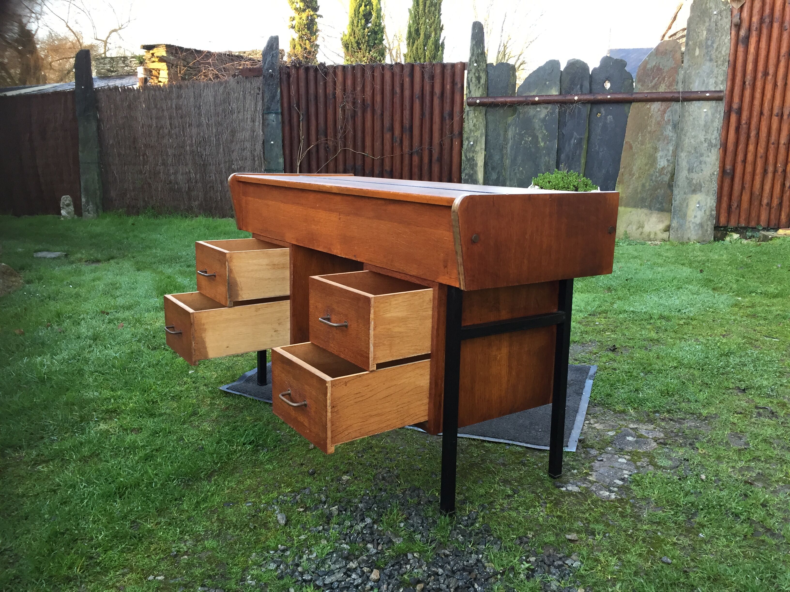Vintage oak console desk table with square metal tube base (knitting machine)