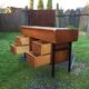 Vintage oak console desk table with square metal tube base (knitting machine)
