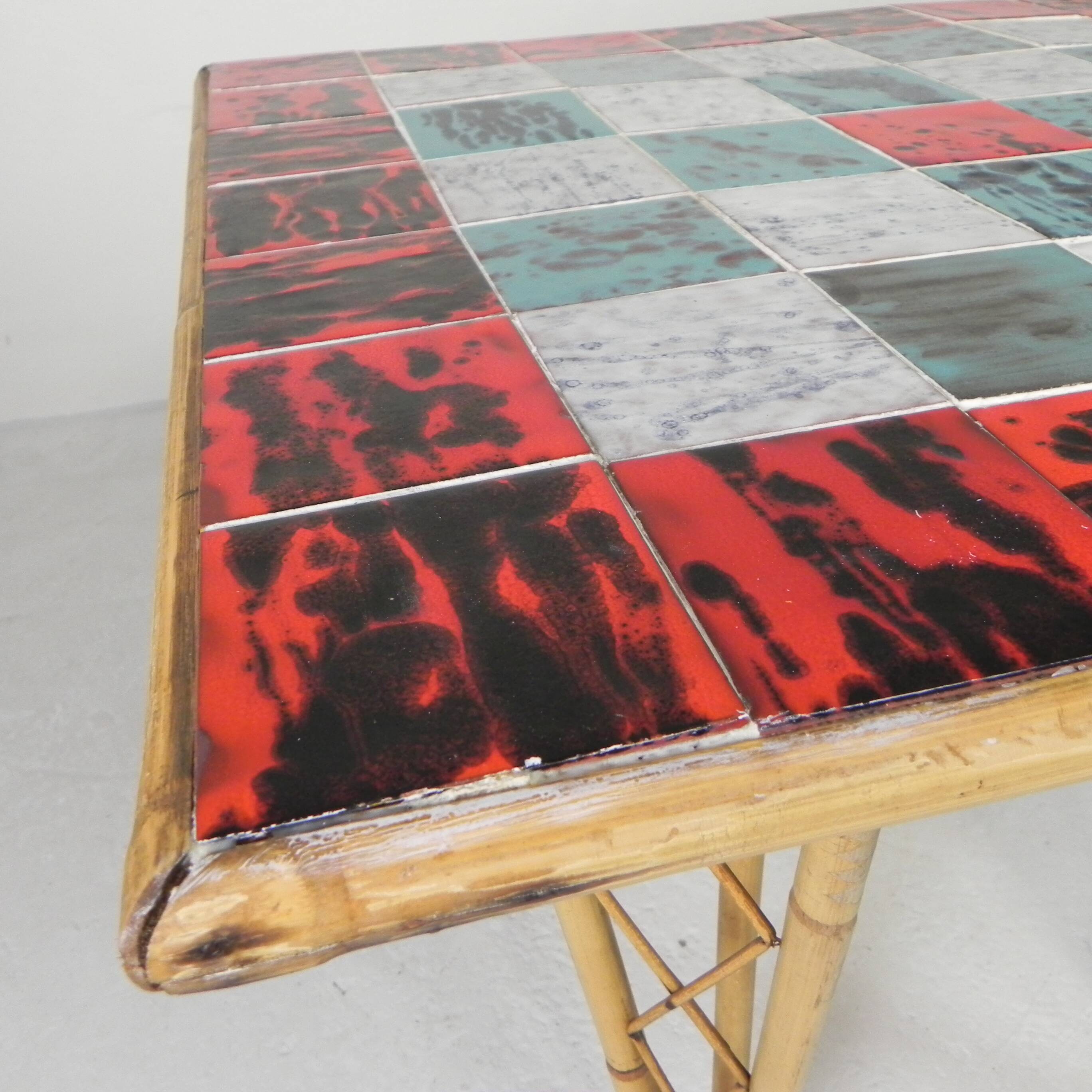 Vintage bamboo dining table with red, white and blue checks, 1950s