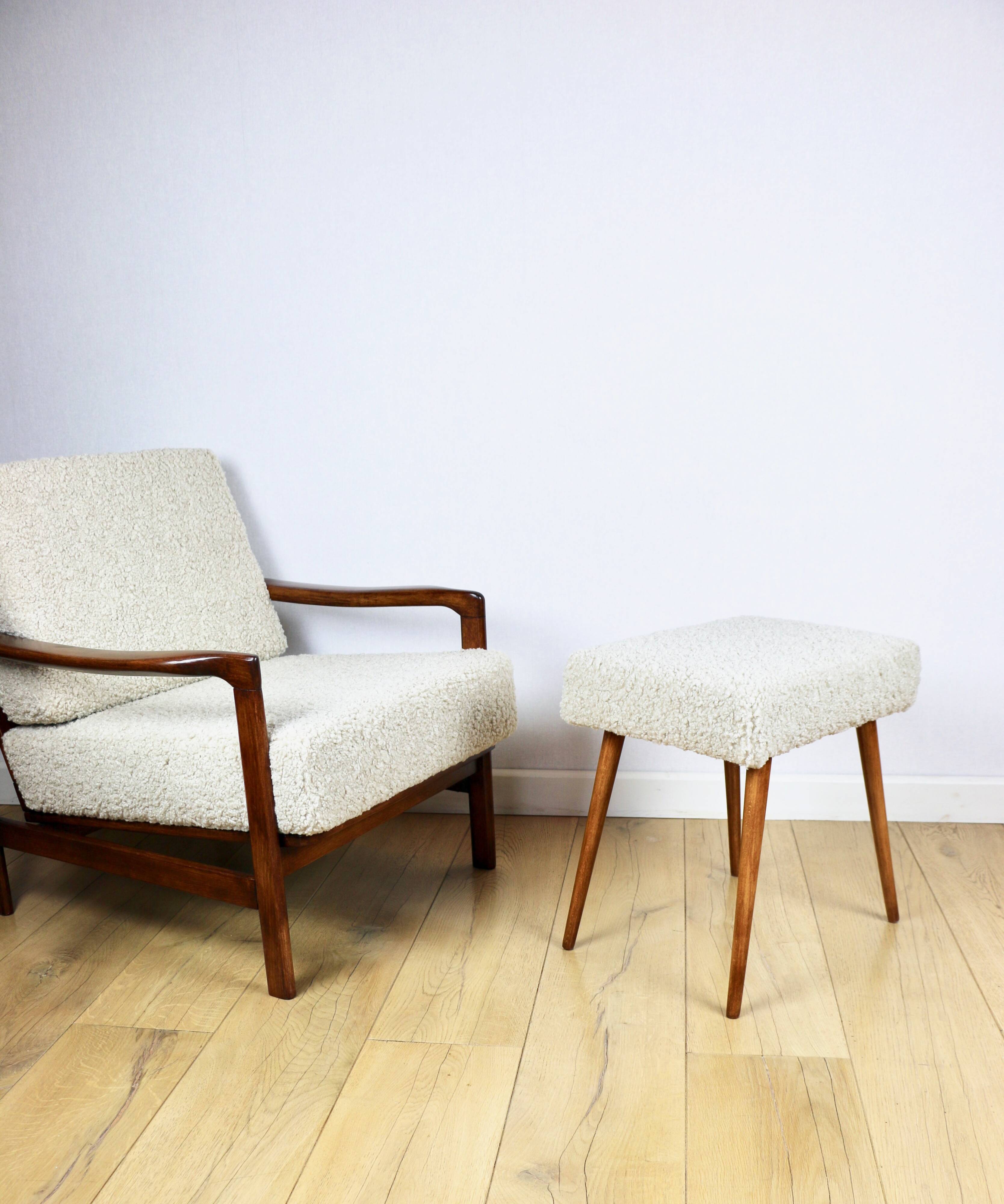 Wooden vintage brown armchair beige ivory long pile boucle design by Z. Bączyk - 2 pieces available