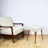 Wooden vintage brown armchair beige ivory long pile boucle design by Z. Bączyk - 2 pieces available