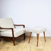 Wooden vintage brown armchair beige ivory long pile boucle design by Z. Bączyk - 2 pieces available