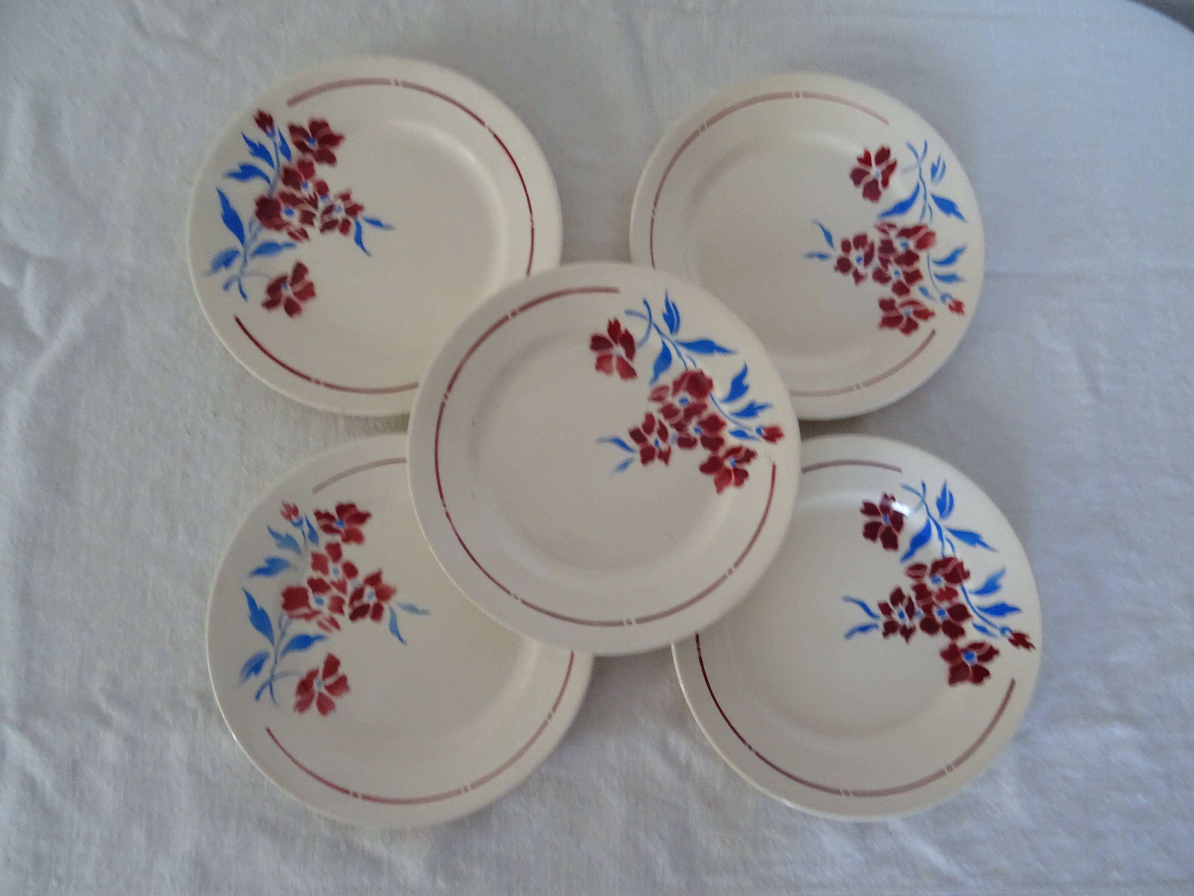 5 plates old faience Badonviller decoration flowers blue-red