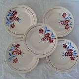 5 assiettes  anciennes faience Badonviller  décor fleurs bleu-rouge