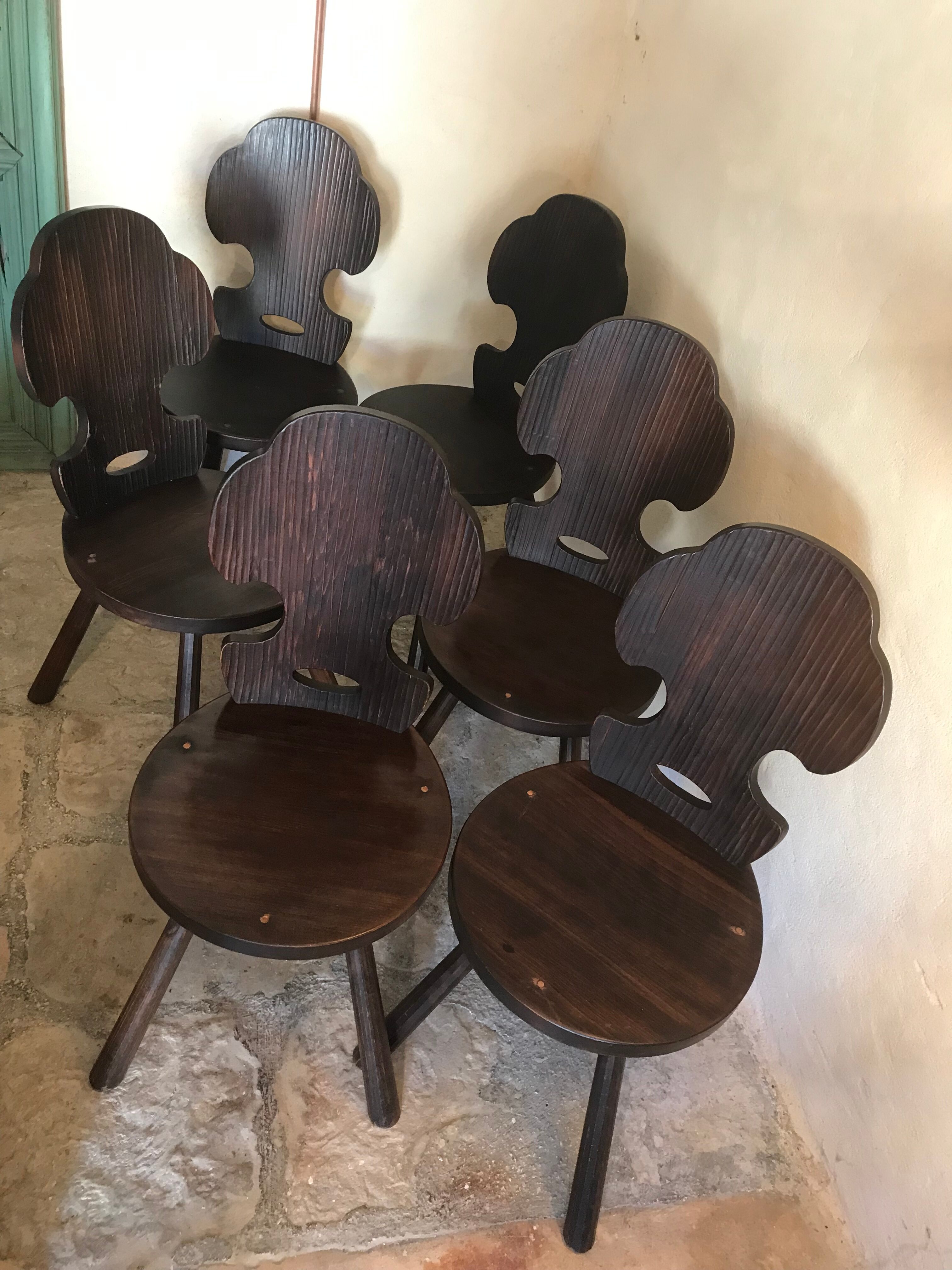 Set of 6 vintage brutalist solid wood chairs