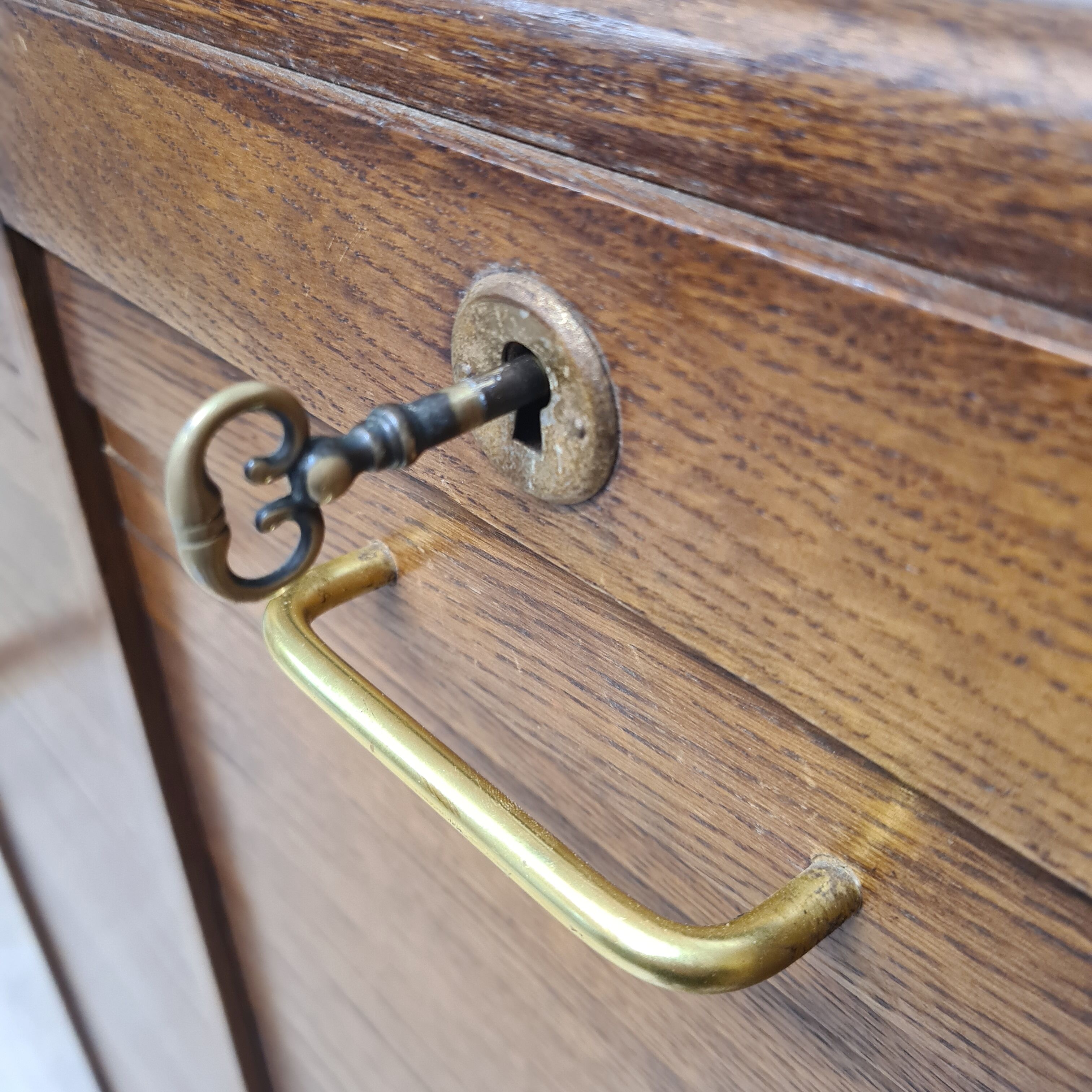Renovated 1977 oak filing cabinet with double curtain