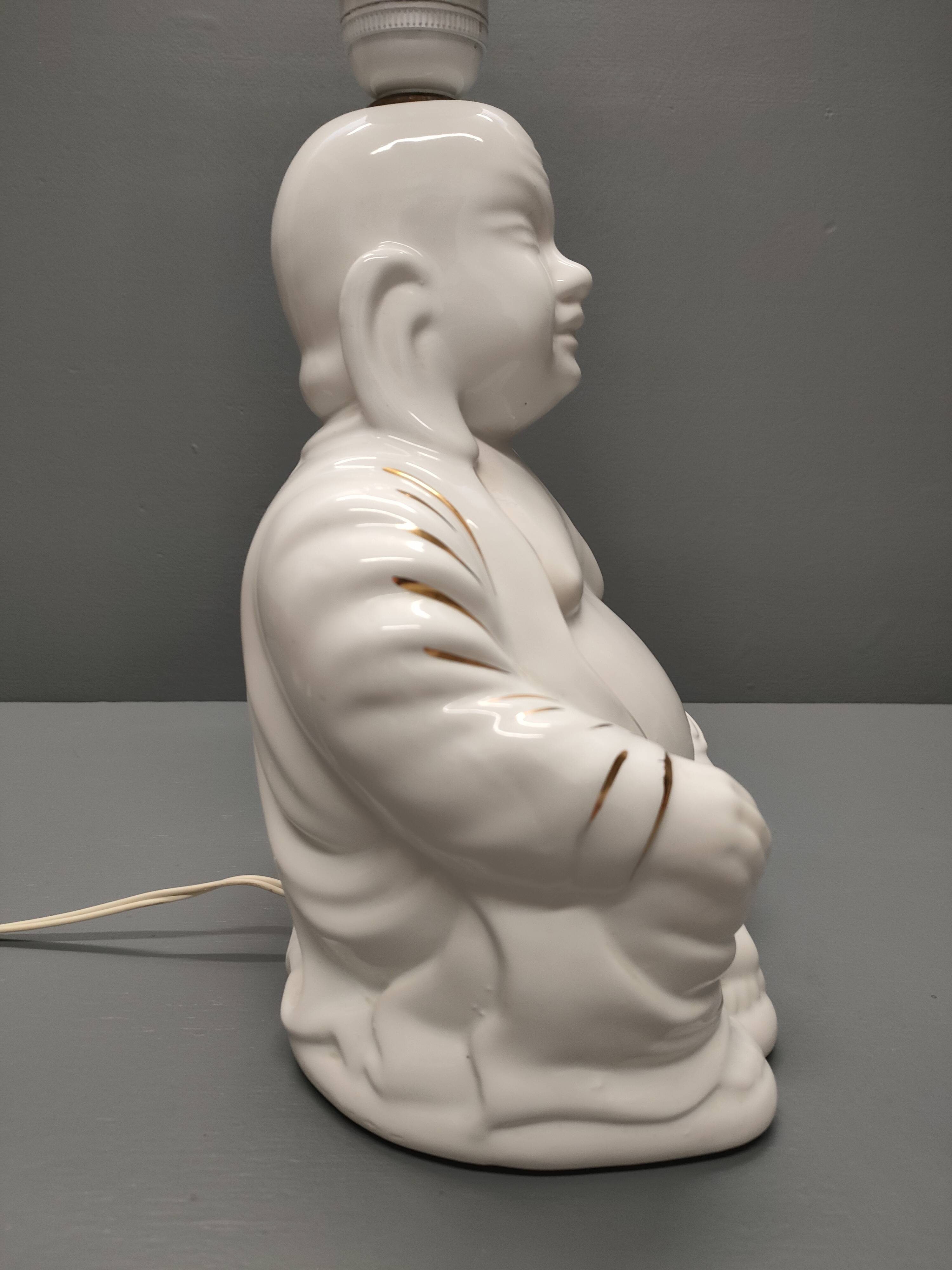Seated Buddha lamp base ~ glazed and gold white ceramic ~ 80s