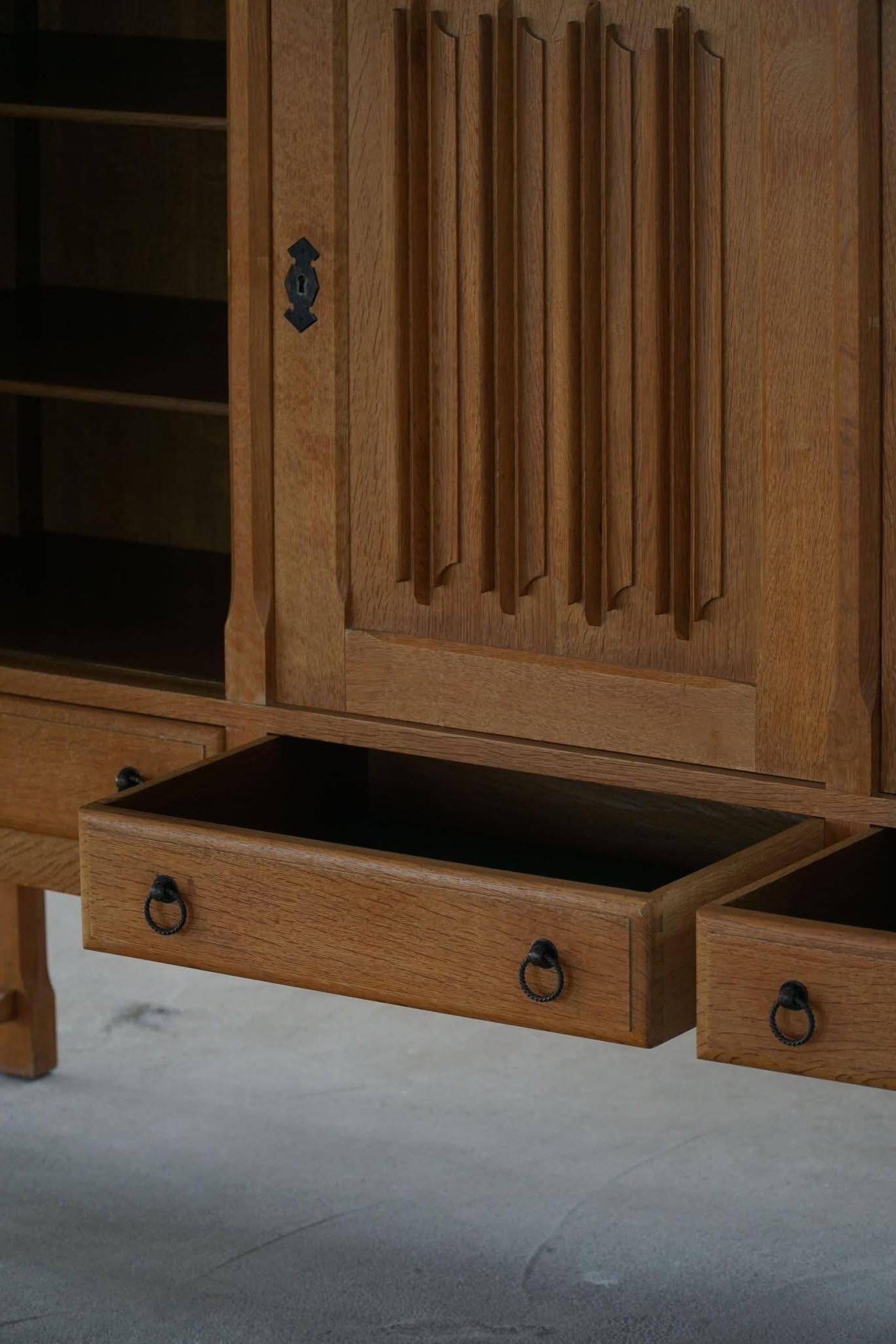 Brutalist oak sideboard, mid-century Danish design, Kjærnulf style, 1960s.