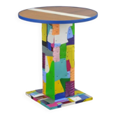Handmade table made from recycled materials, colourful, abstract.
