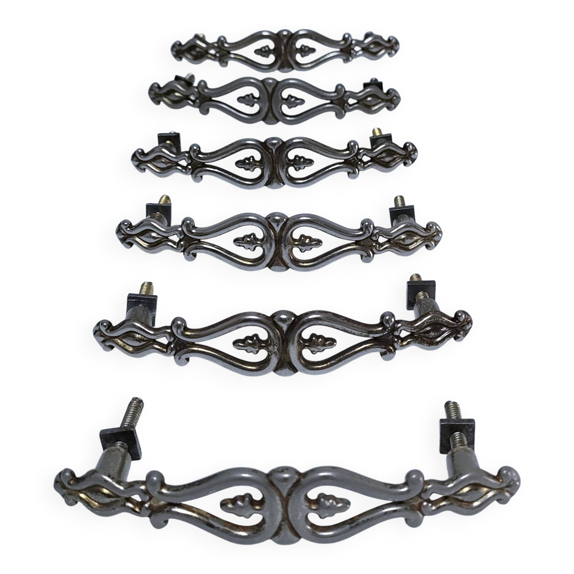 Six Huwil metal handles for neo-classical drawers from the 60s