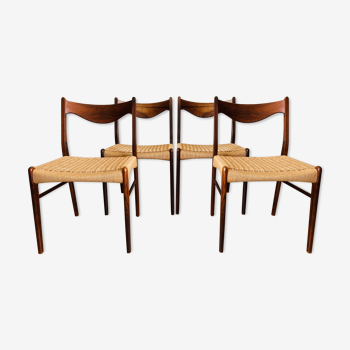 Suite de 4 chaises scandinaves palissandre & corde Glyngøre Stolefabrik vintage années 60