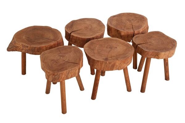 6 tabourets ou chevet rondin brut France vers 1970