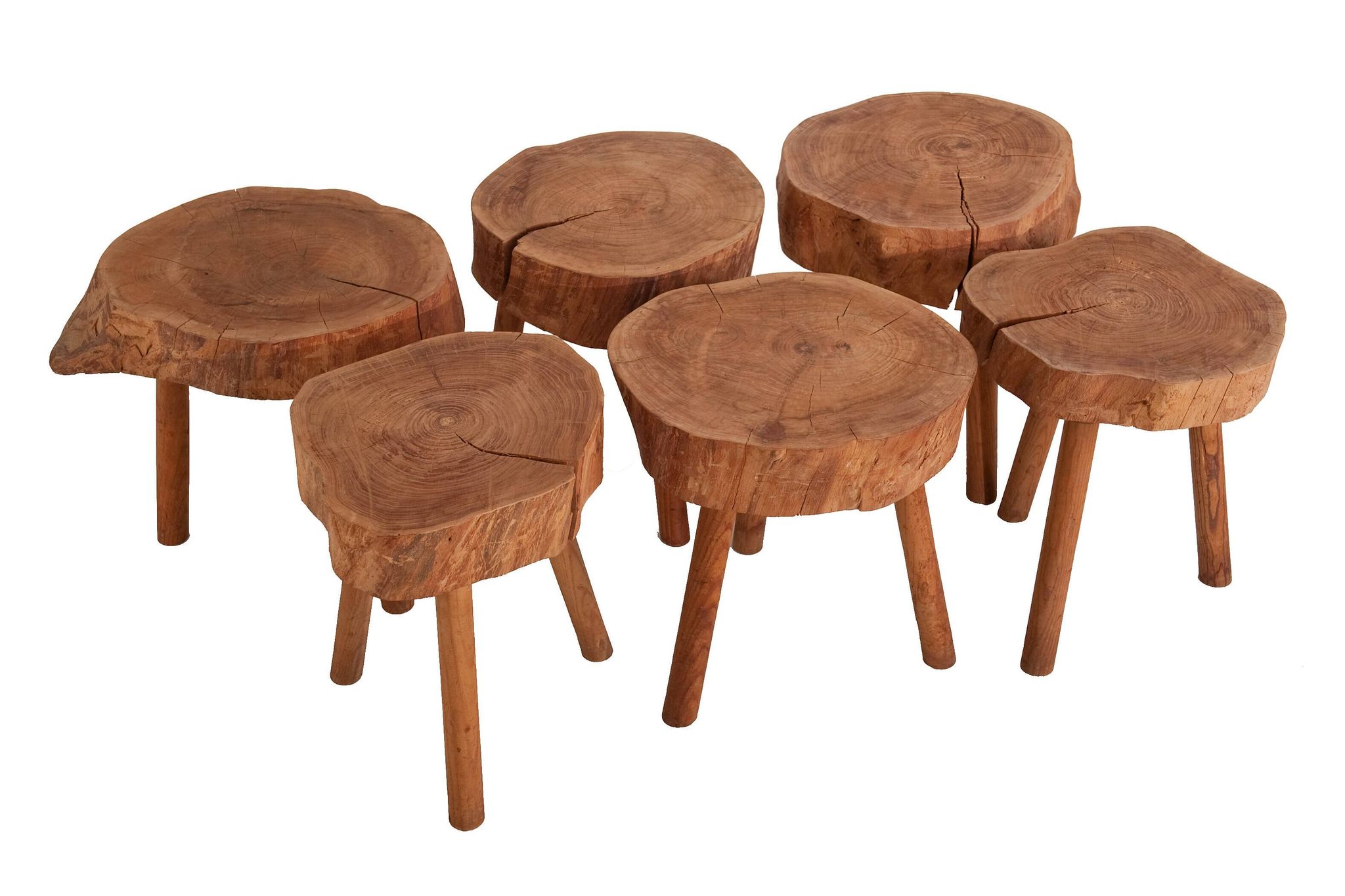 6 Raw Log Stools or Bedside Tables France circa 1970