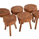6 Raw Log Stools or Bedside Tables France circa 1970