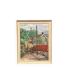 Huile sur toile originale suédoise – « Village » par P. Agne – Signée – Vintage et encadrée