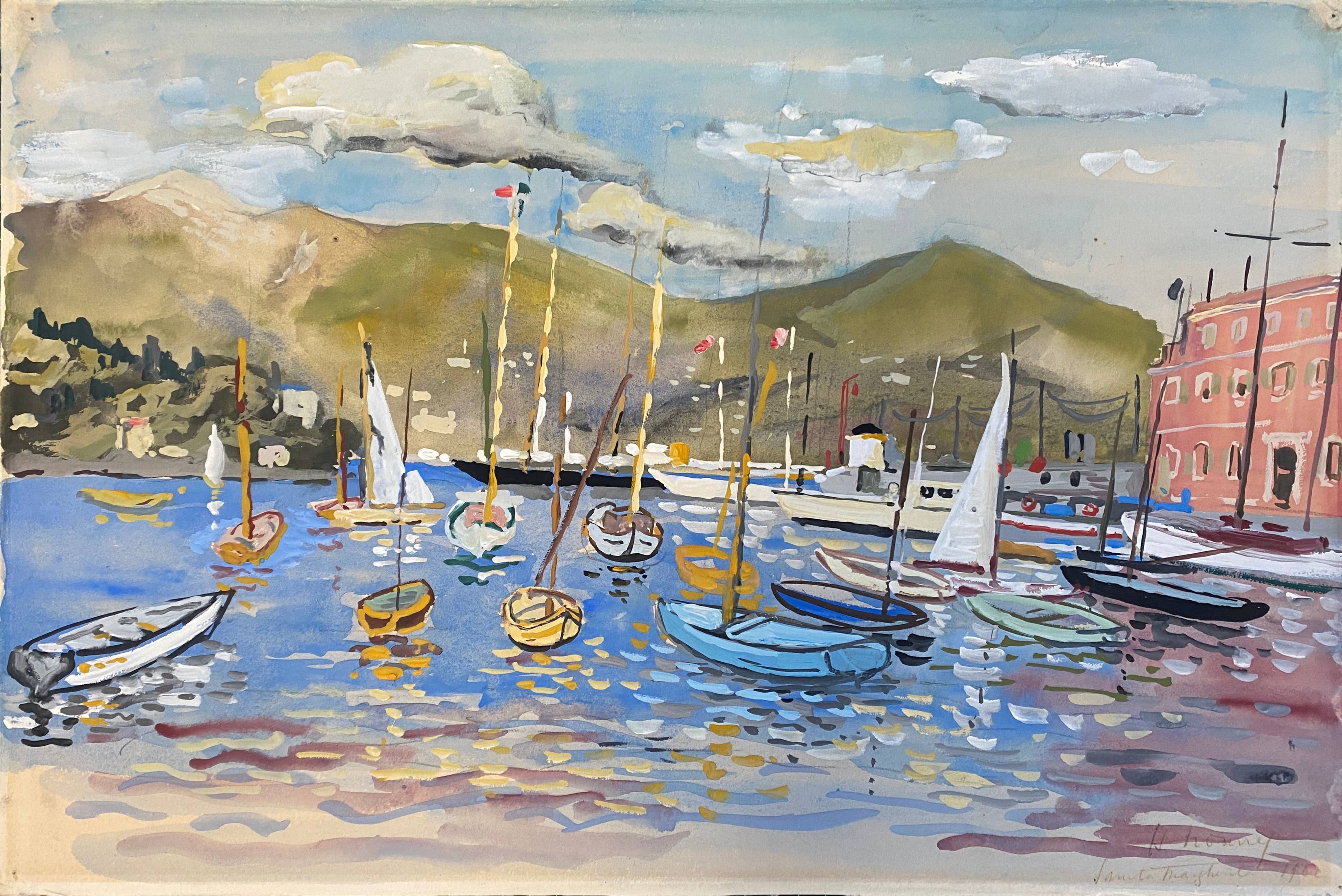 Painting "port of santa margherita" liguria 1962 italy henri nourry (1902-1978)