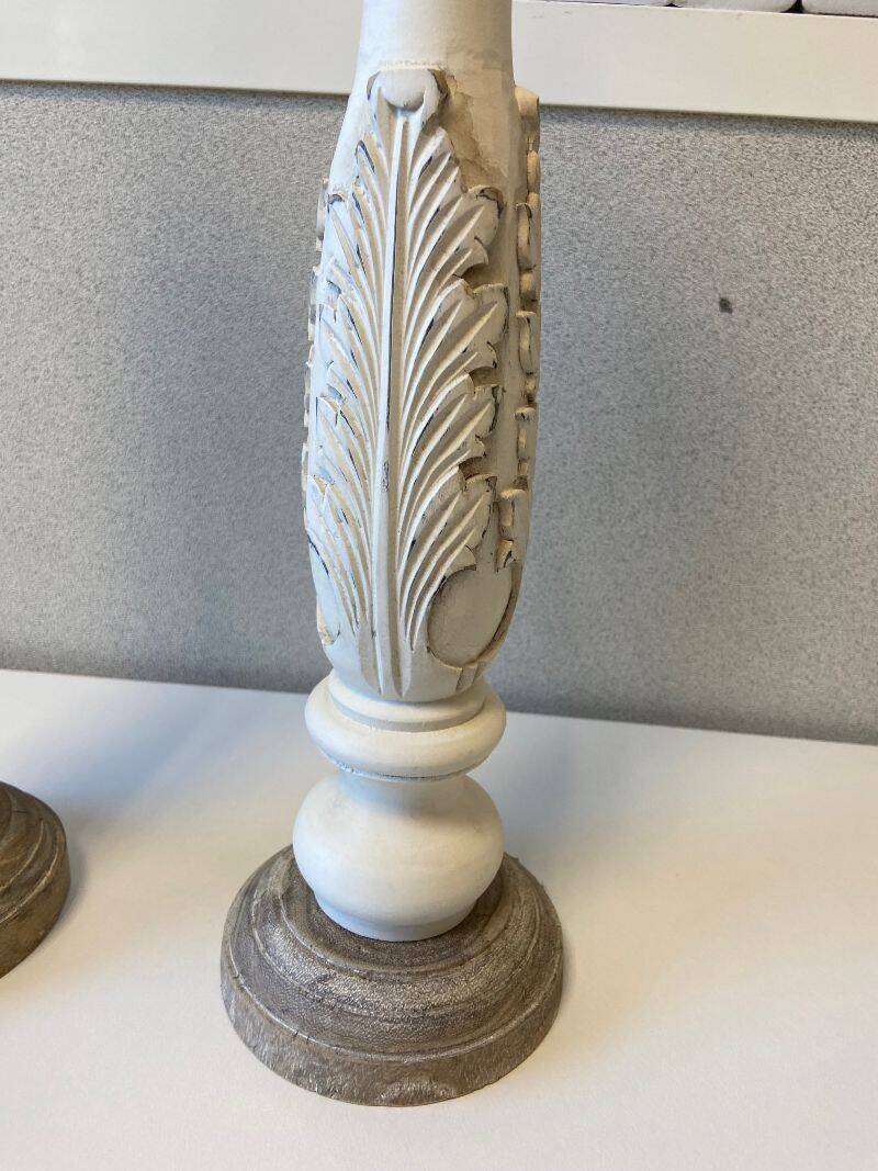 Pair of Candlesticks Candlesticks Turned Wood Carved Bleached Deco Art