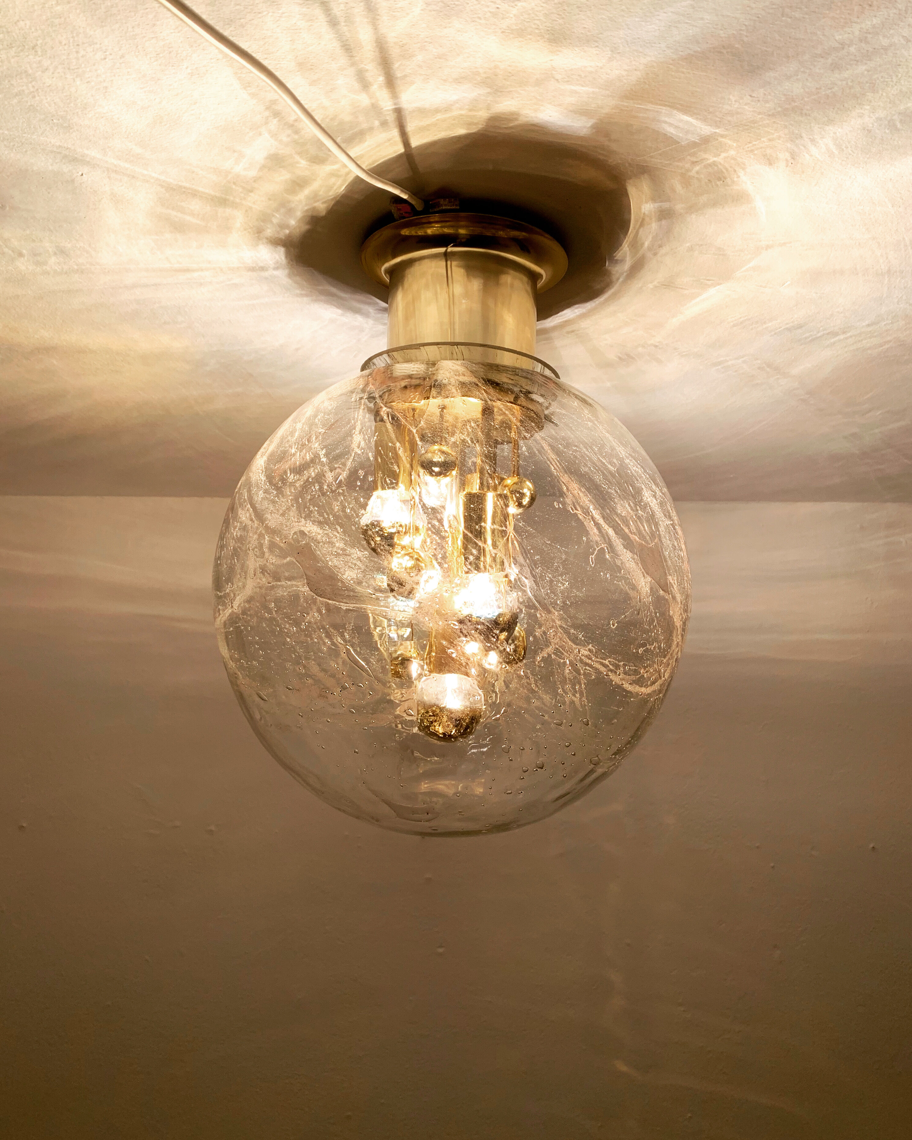 Golden mid-century ice glass ceiling lamp by Doria