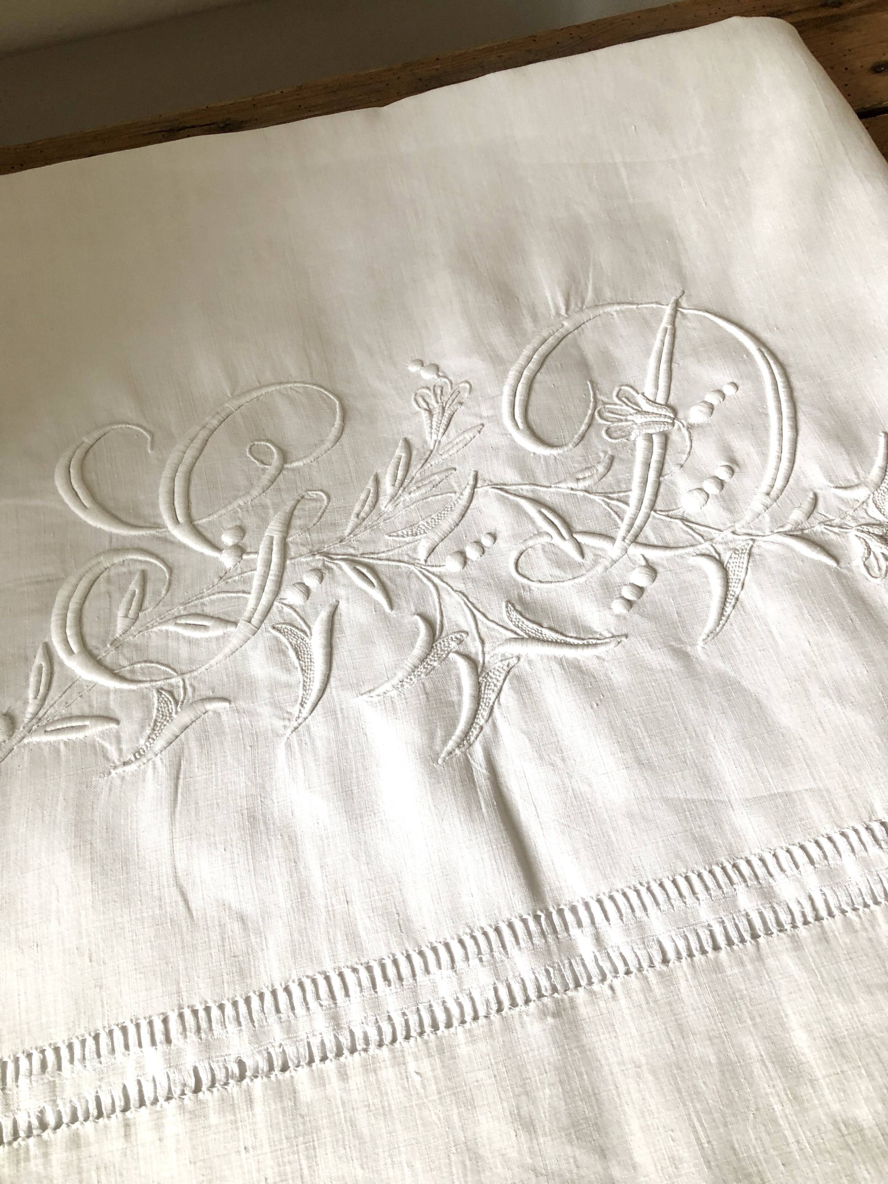 Old pure linen sheet embroidered and monograms