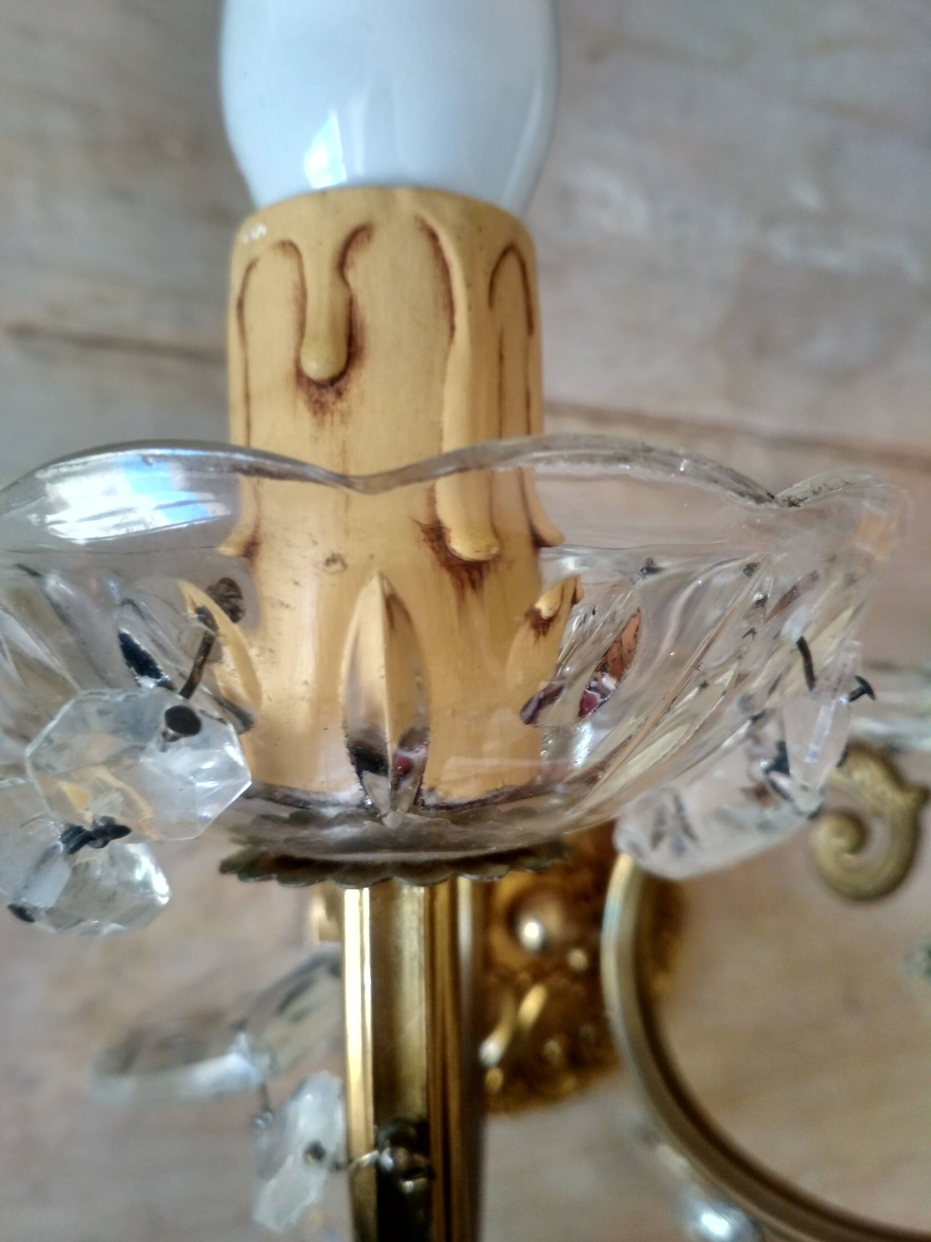 Golden brass wall light and crystal pendants - 2-light rococo light