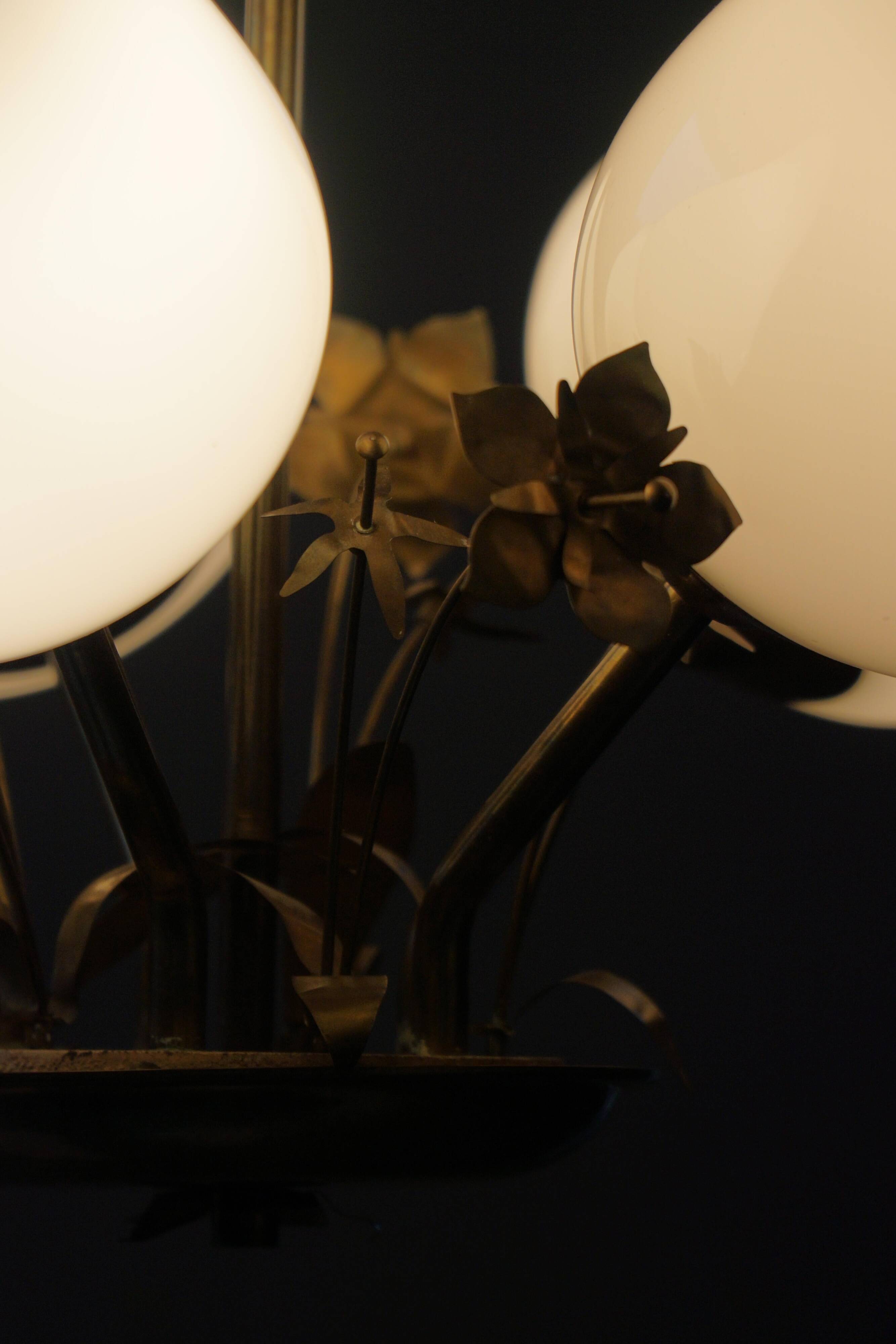 Five-branch brass and glass chandelier by Paavo Tynell for Idman OY Finland, 1940s.