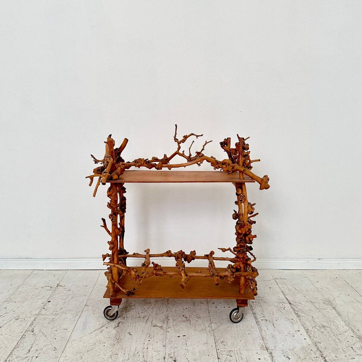 Mid-Century Bar Cart in Brown Burl, Plywood and Root Wood, 1960s