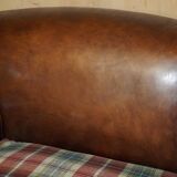 George Smith Signature Scroll leather canapé with tartan Scottish wool cushions.