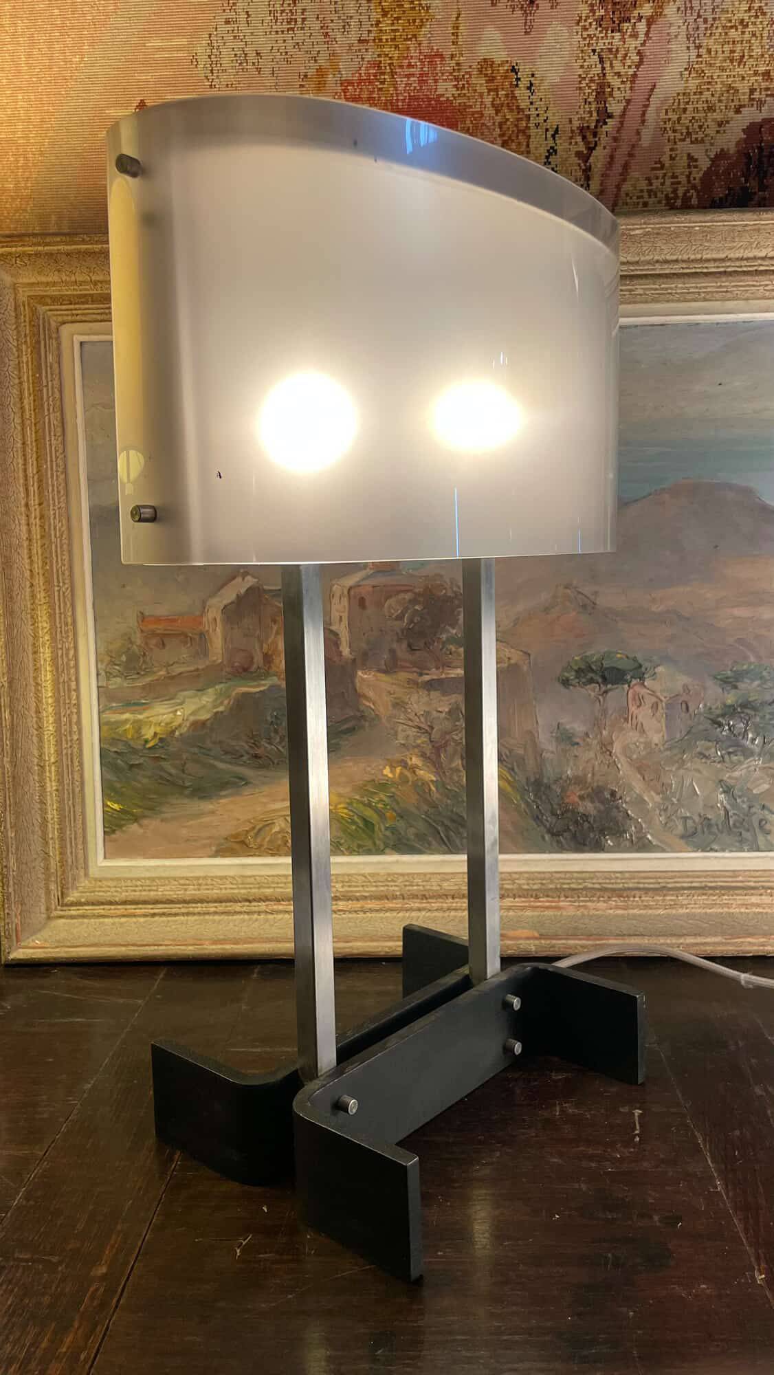 70's design lamp. Chrome with white and smoked grey Plexiglas.