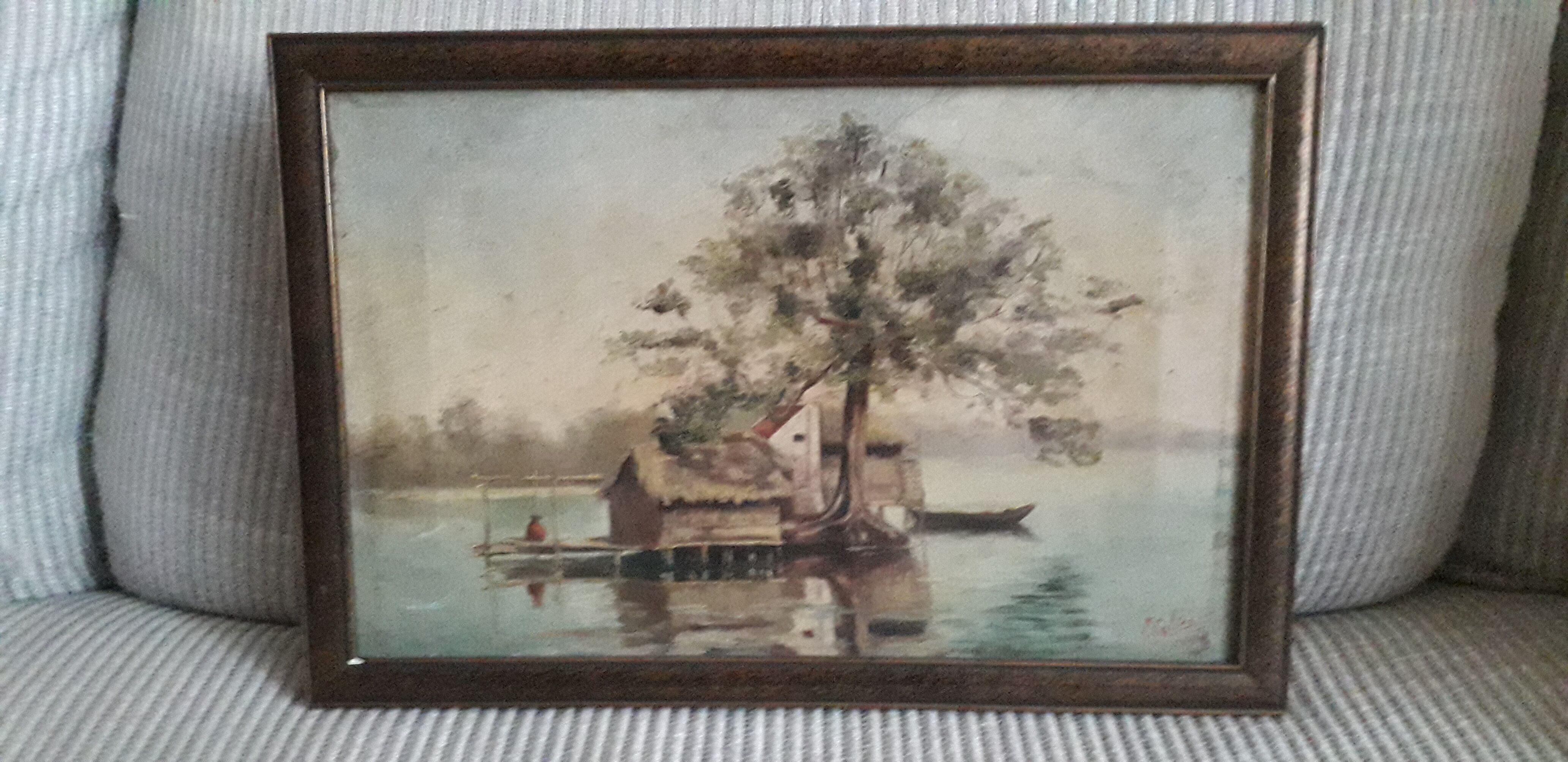 Old oil painting depicting a lake landscape