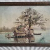 Tableau ancien à l'huile représentant un paysage lacustre
