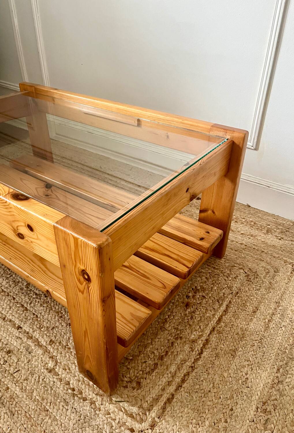 Vintage pine and glass coffee table