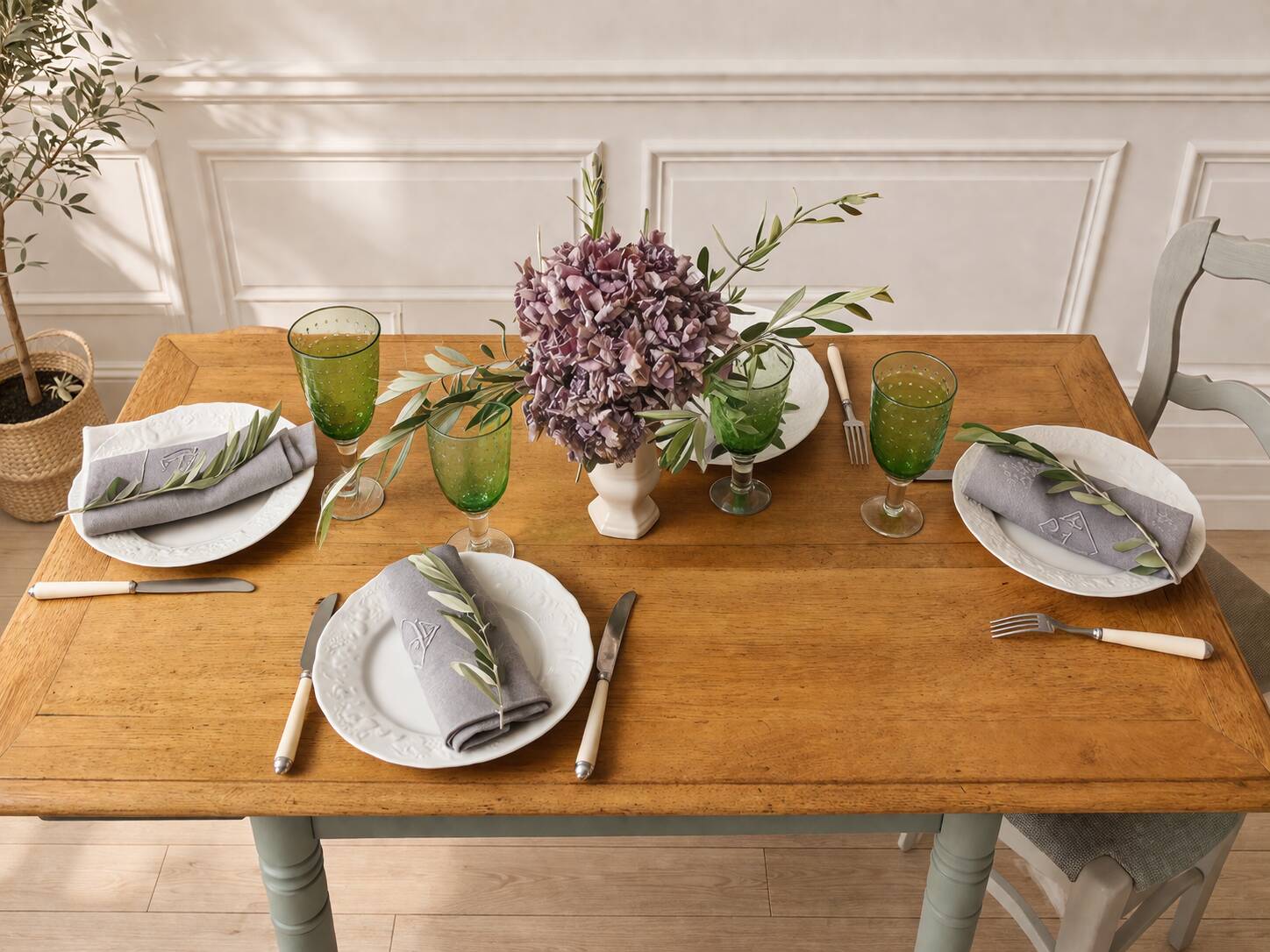 Table, vintage desk with smoked green legs and an oak top.