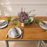 Table, vintage desk with smoked green legs and an oak top.