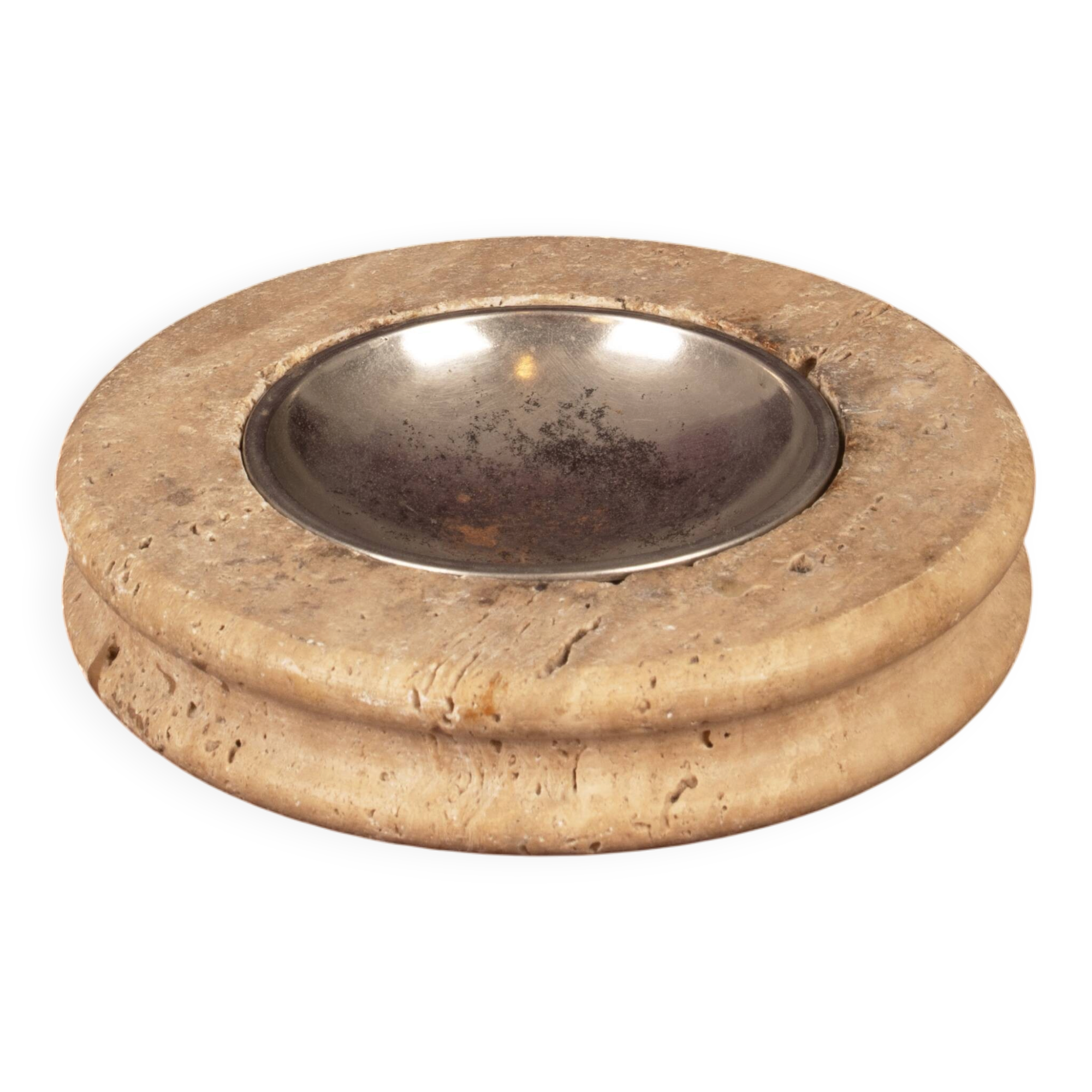 Round Italian Travertine Ashtray with Removable Metal Dish 1970