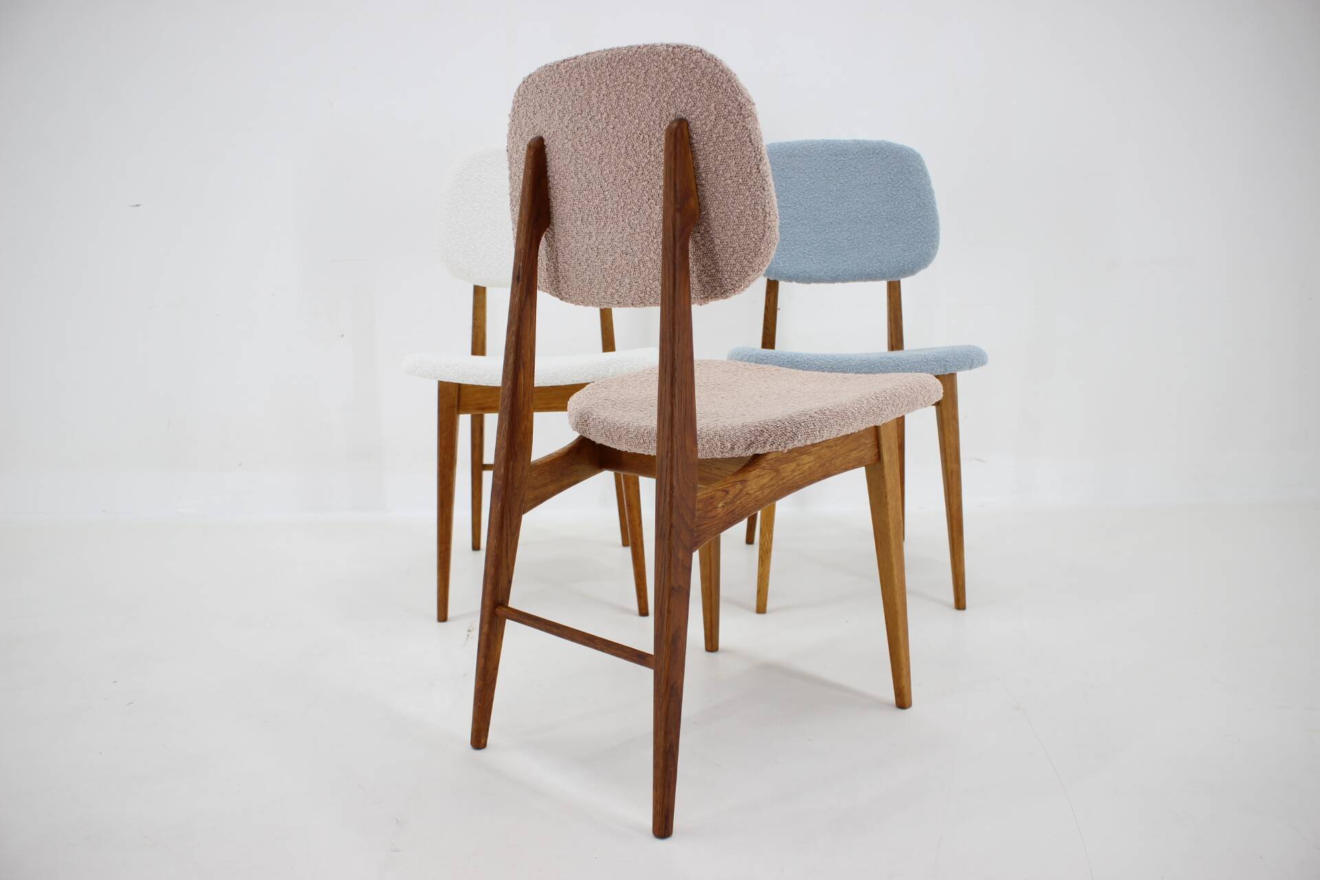1960s Set of Three Oak Dining Chairs in Boucle, Czechoslovakia