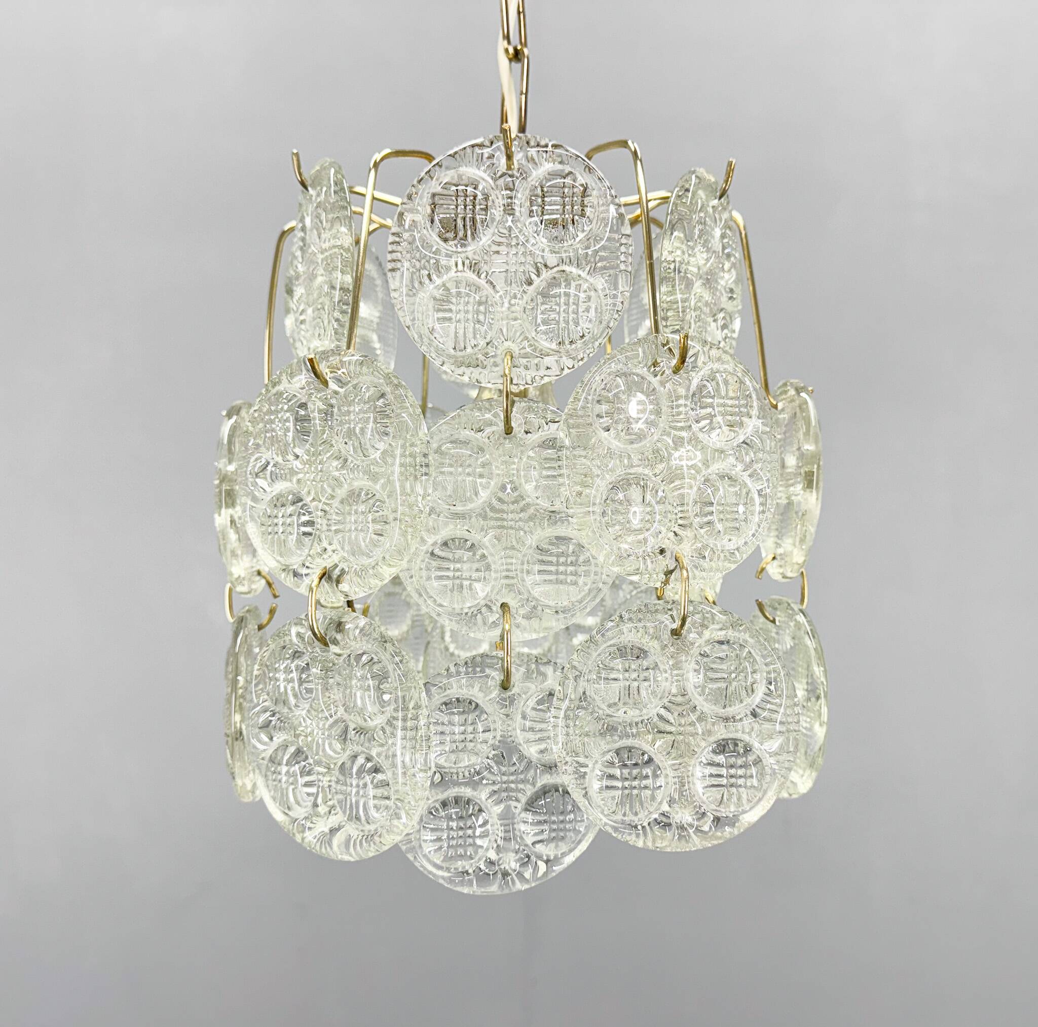1970s Brass & Pressed Glass Chandelier, Czechoslovakia