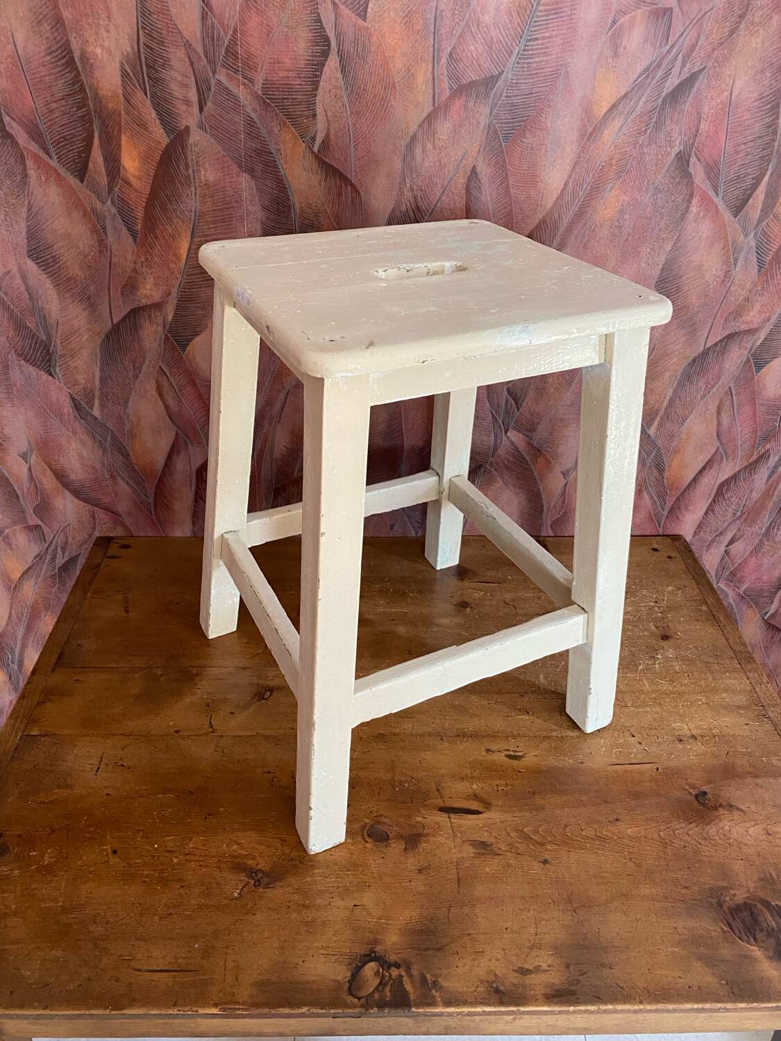 Vintage stool 1950/1960, rustic wooden stool, old workshop chair, kitchen, Shabby style.
