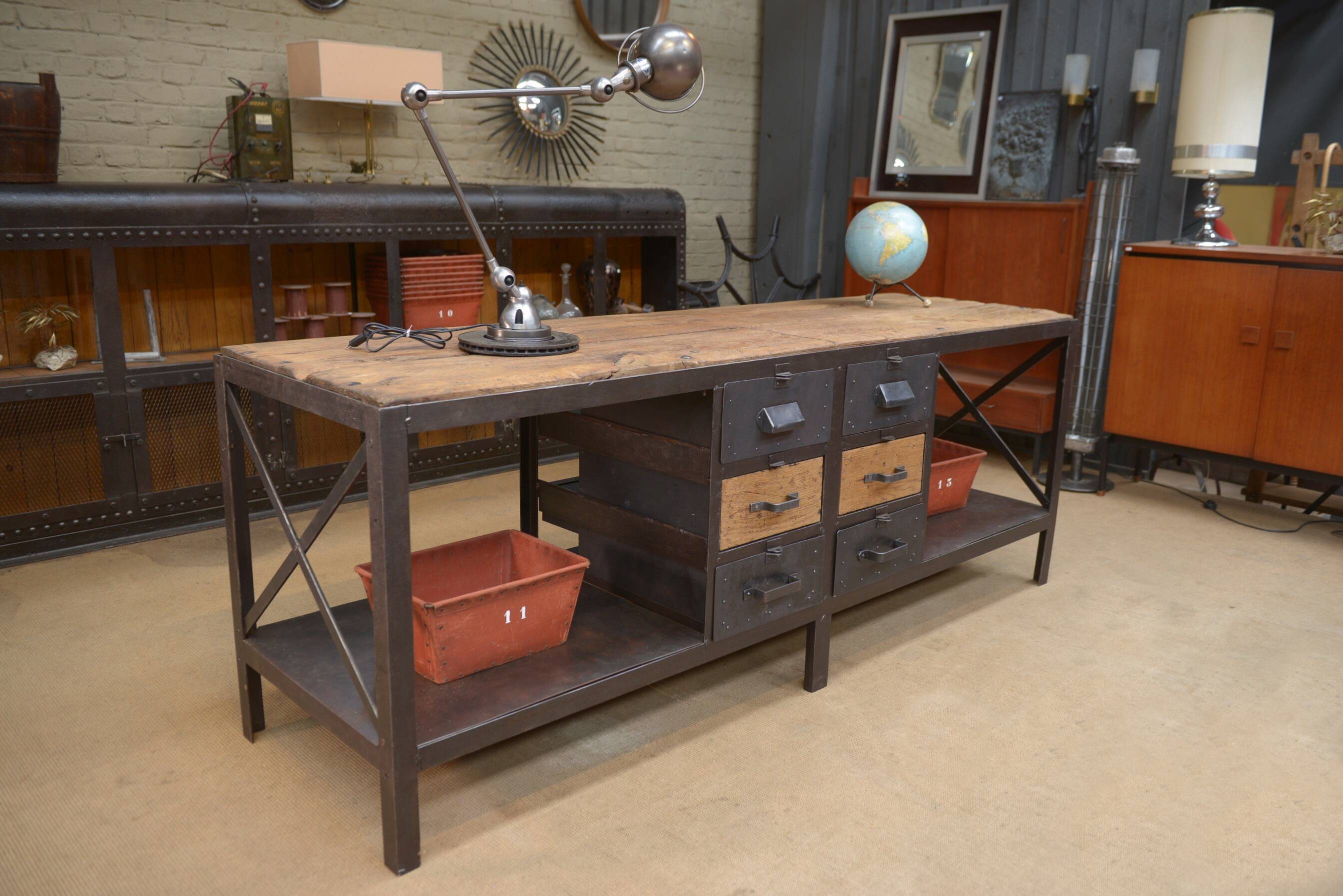 Industrial sideboard from metal and wood factory 1950