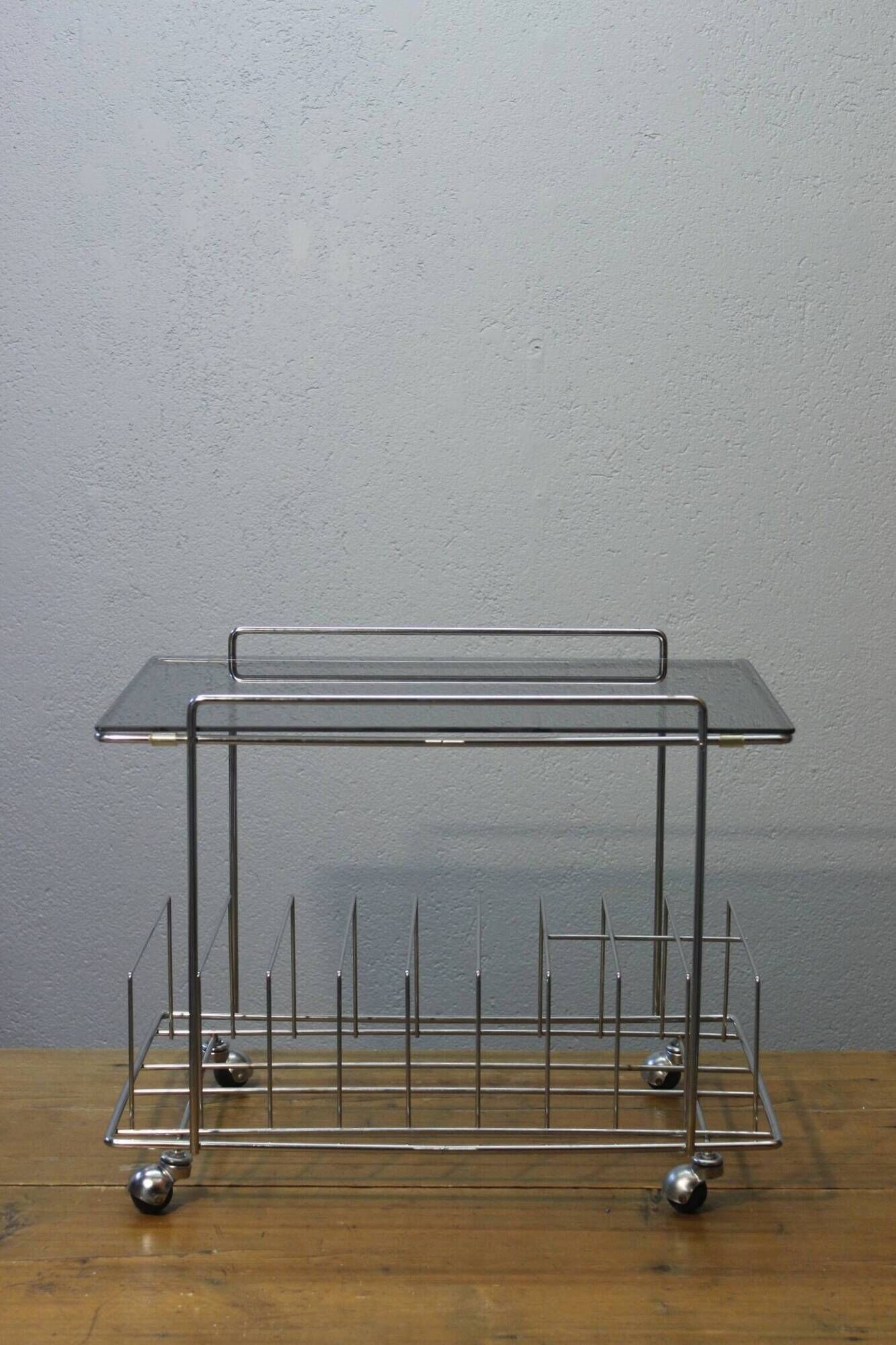 Rolling furniture serving for HIFI vinyl storage chrome & smoked glass 1970s