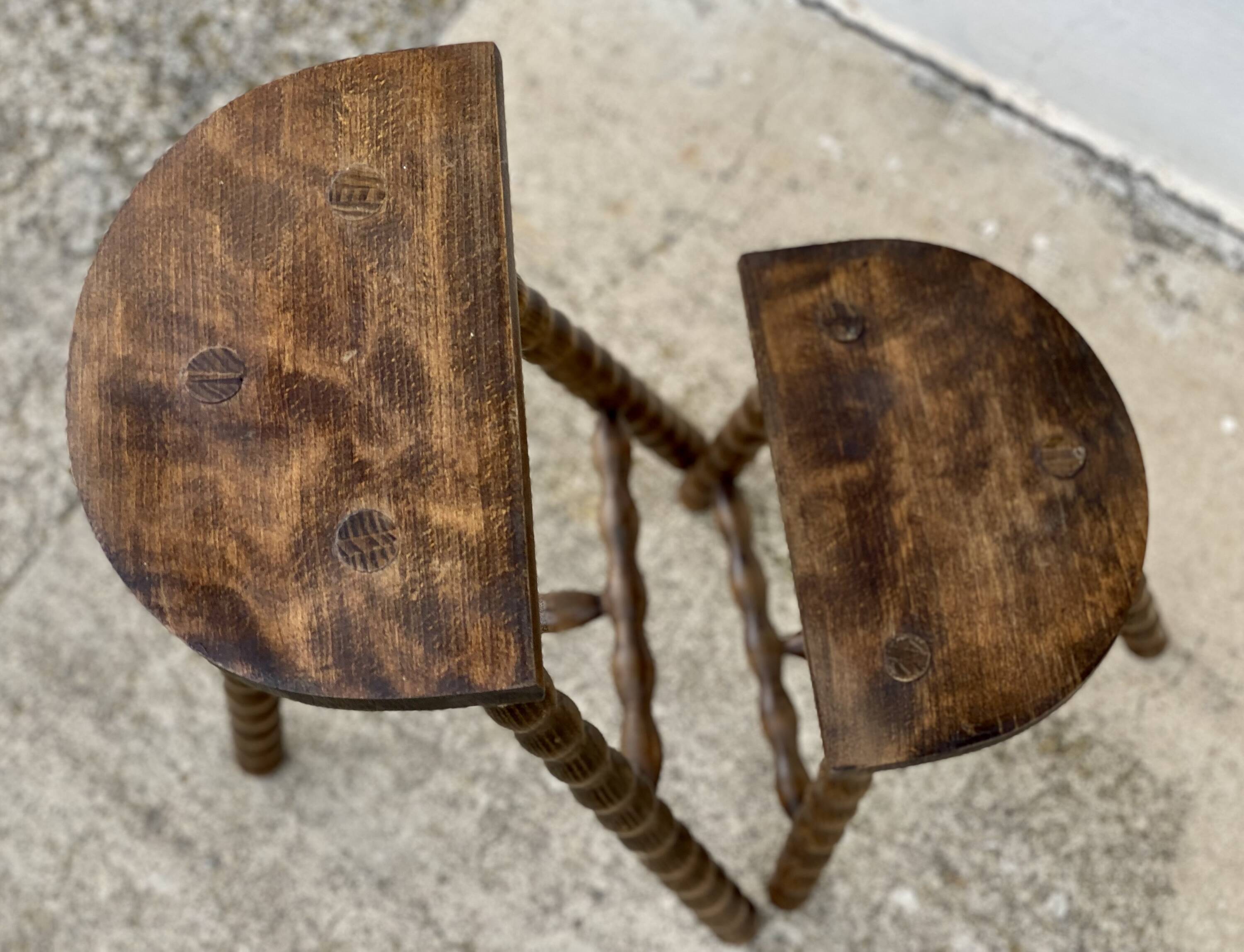 Set of 2 tripod stools with turned legs, vintage plant holder, 1960s