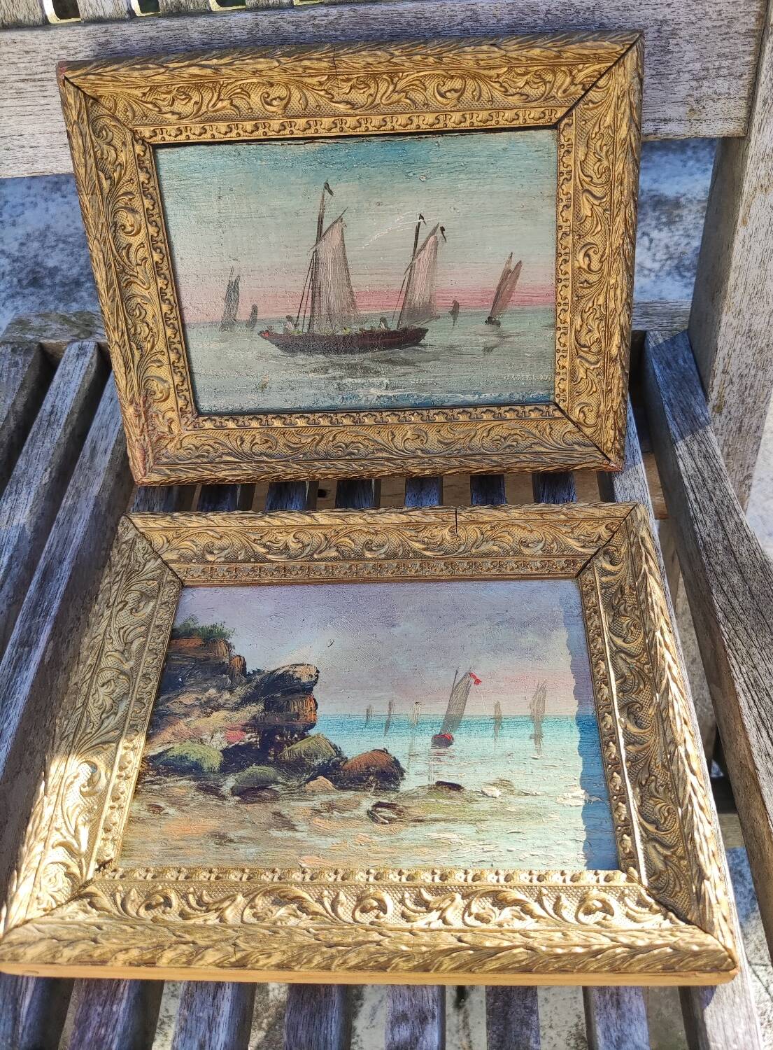 2 old paintings - oil on wood - theme: marine