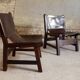 Pair of brutalist armchairs in wood and leather, 1970