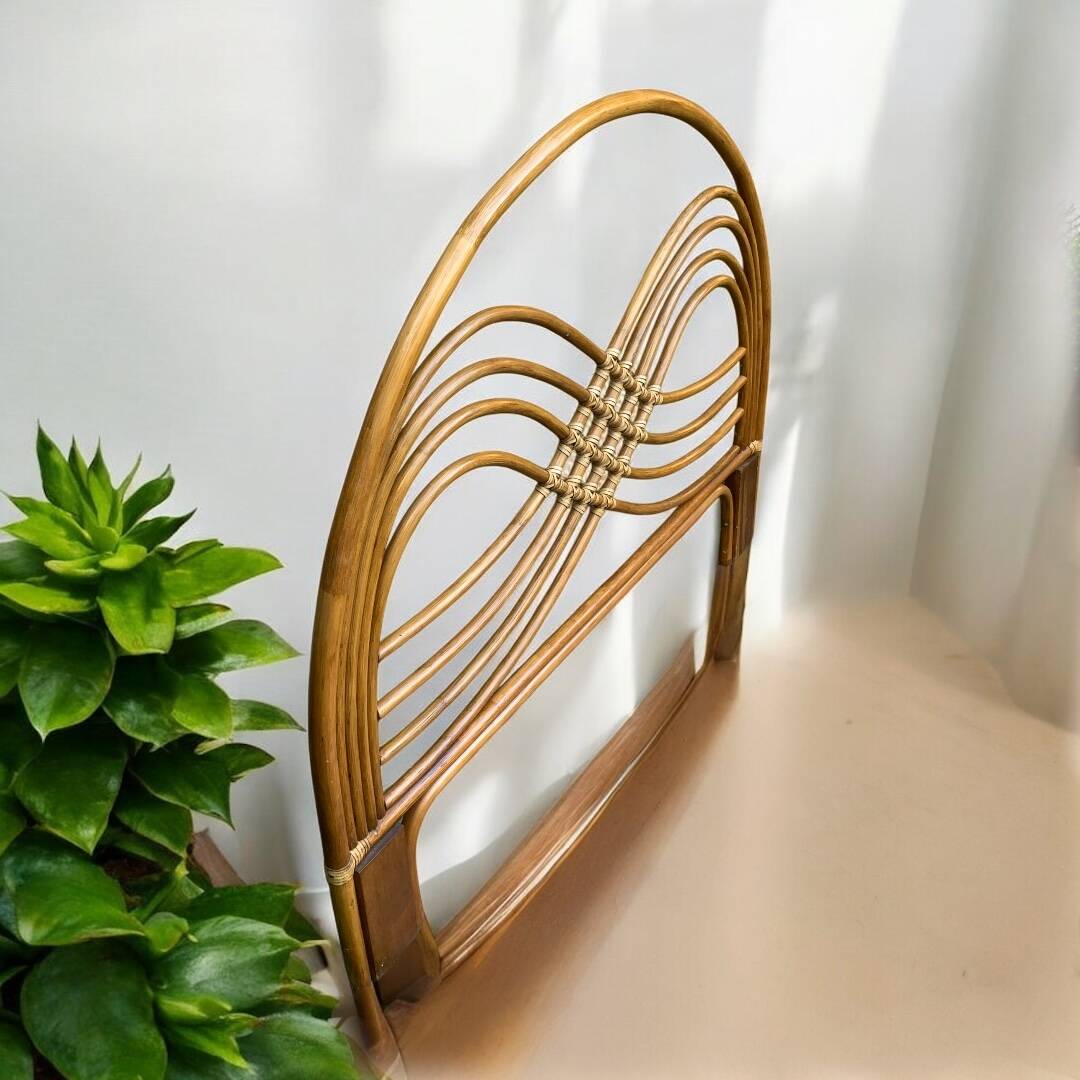Rattan and leather headboard 140cm vintage 1970