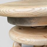 1950s solid oak tripod workshop stool with a screw mechanism.