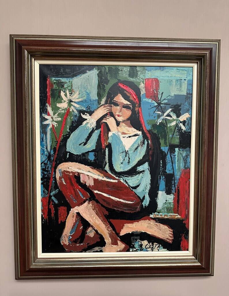 Original Swedish Oil on Canvas - "Portrait of a Young Woman" by M. Costa - Signed - Vintage and Framed - 82.5 × 67.3 cm
