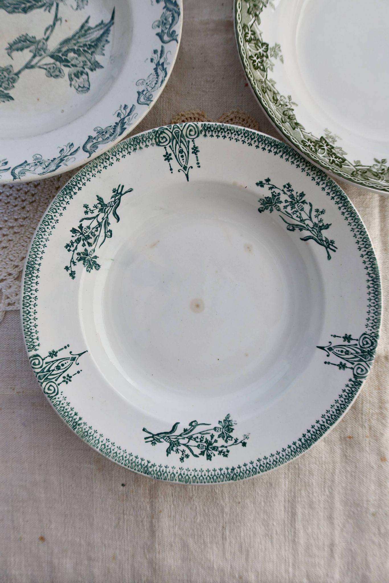 4 mismatched old green ironstone deep plates