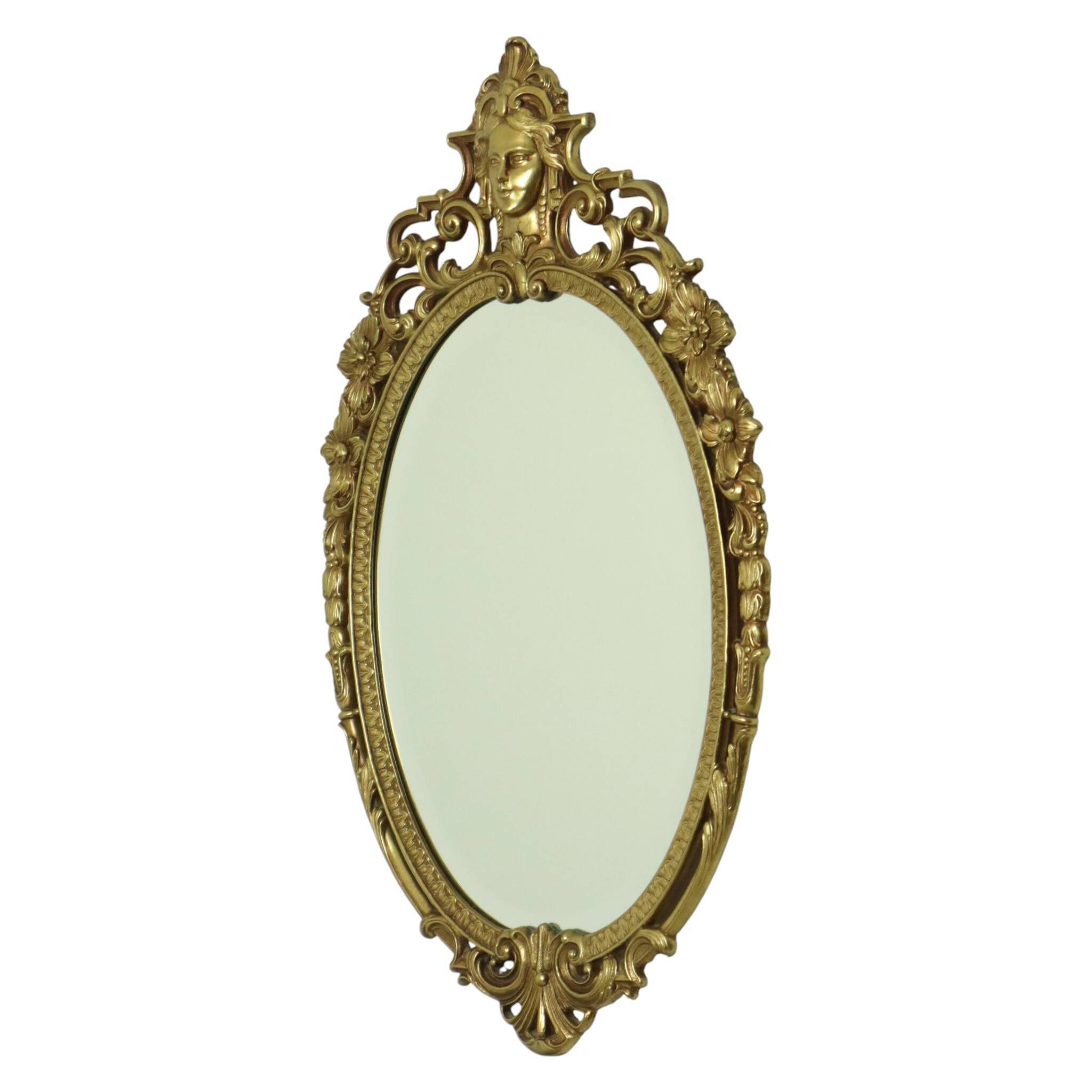 French Brass Crested Mirror Gold Baroque Louis XV Style 1950s
