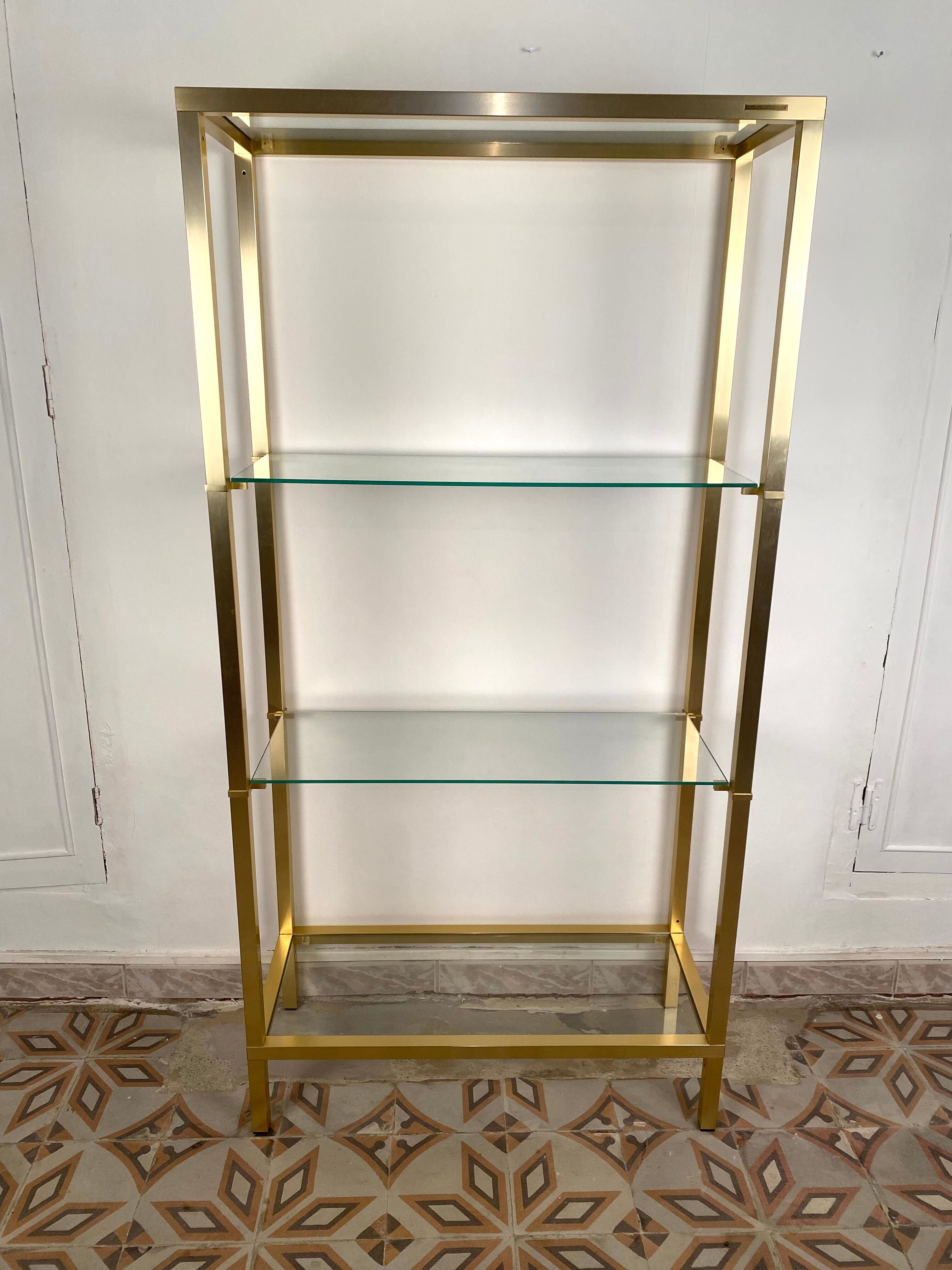 Bookcase in gilded metal and glass, Pierre Vandel Paris, circa 70